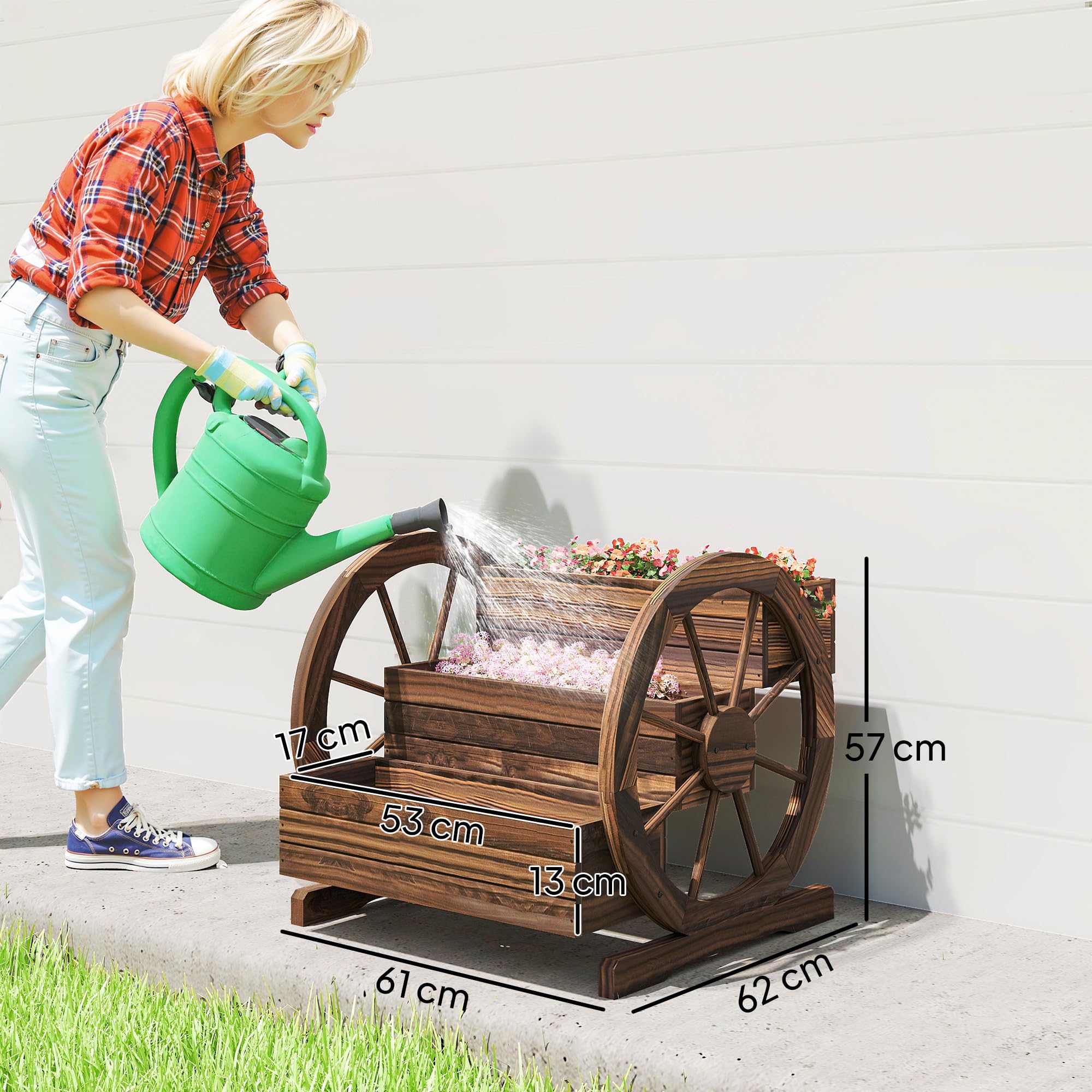 Outsunny Jardinière sur Pieds carré Potager 3 étages Style Rustique Chic avec 2 Roues Charrette Bois Sapin, Trous de Drainage, dim. 62L x 61l x 57H cm Marron