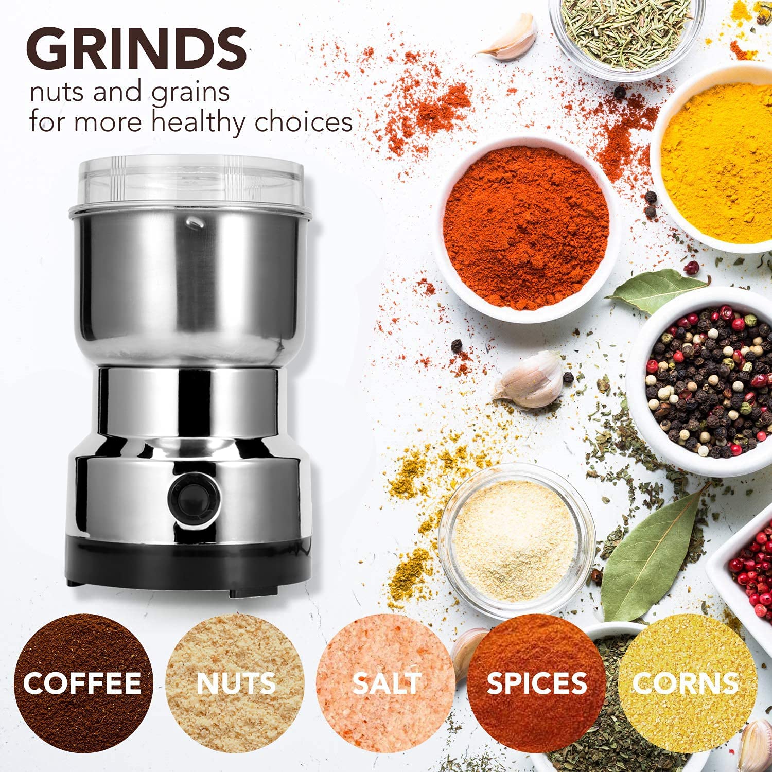 Macinacaffè elettrico, in acciaio inox condimento caffè noci cereali macina erbe frantoio frantoio frullatore utensile da quantità di macinazione 100g/3.5oz