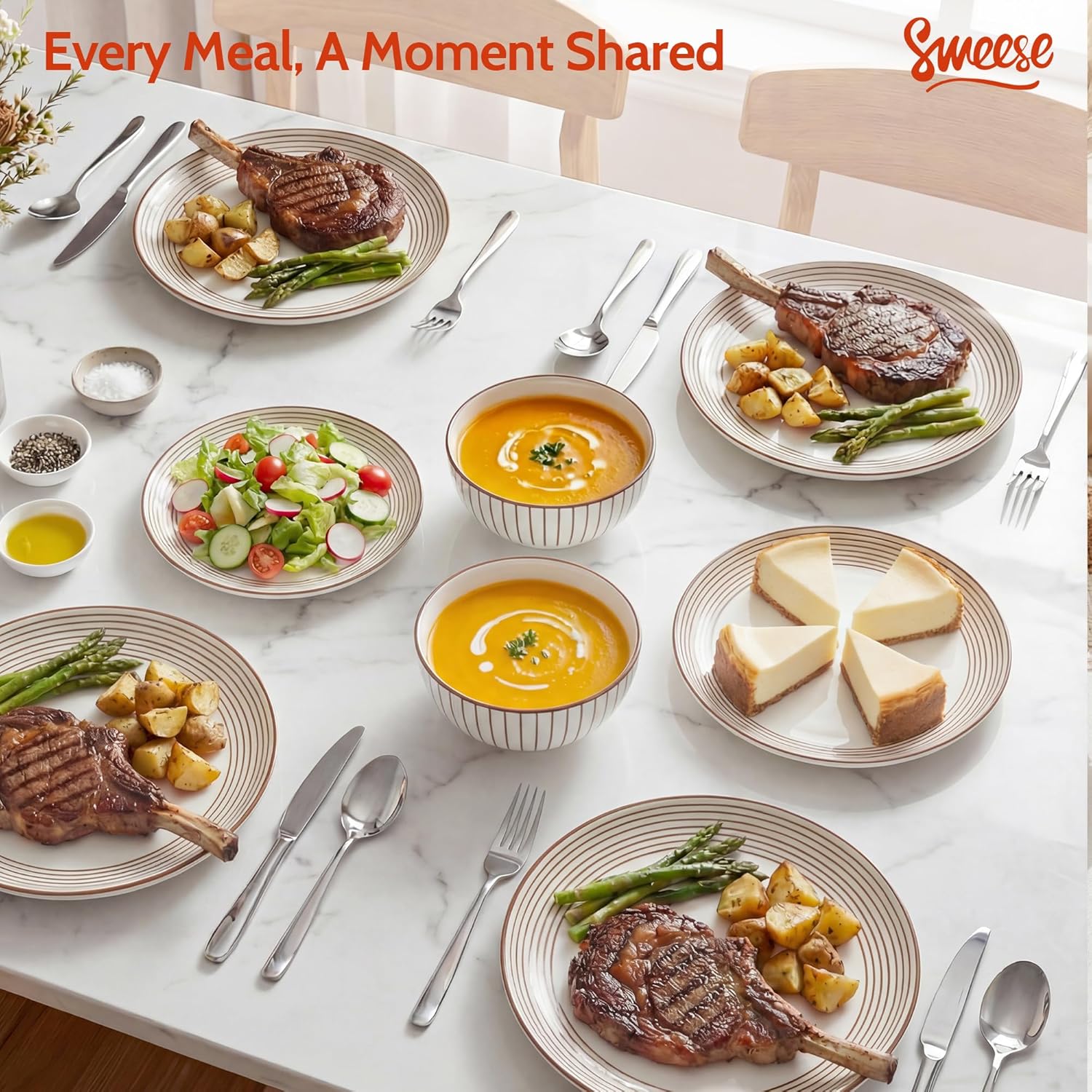 Sweese Lightweight Dinnerware Sets, Plates and Bowls Set for 6, 18 Pieces Stripe Dishes - Chip and Scratch Resistant, Microwave and Dishwasher Safe Porcelain Dinner Sets, Neutral