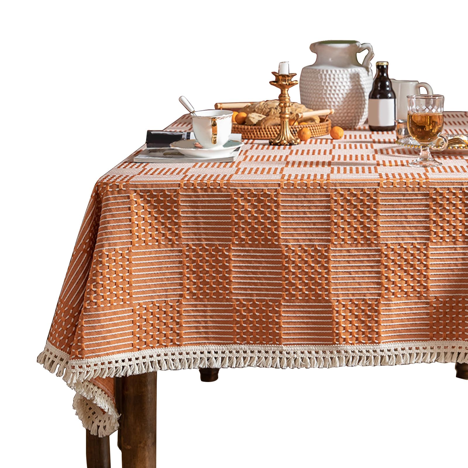 Jazuaiao Fringed Table Covers Stain Resistant Polyester Linen Texture Tablecloth Decors for Kitchen Dining Room Decorations Cotton Linen Look Polyester Tablecloth