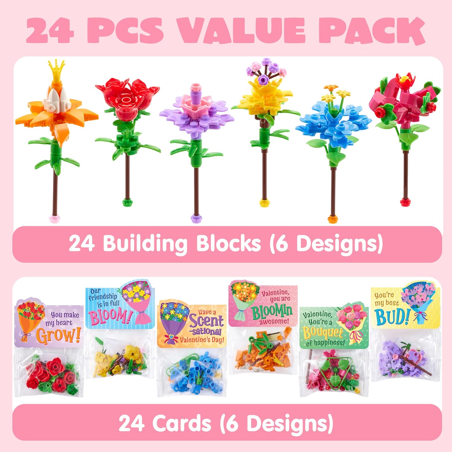 JOYIN 24 Pcs Valentine's Day Flower Bouquet Building Blocks with Cards, 6 Flower Block Designs with 6 Matching Tags, Valentines Day Gifts for Kids School Classroom Exchange Prize Party Favor