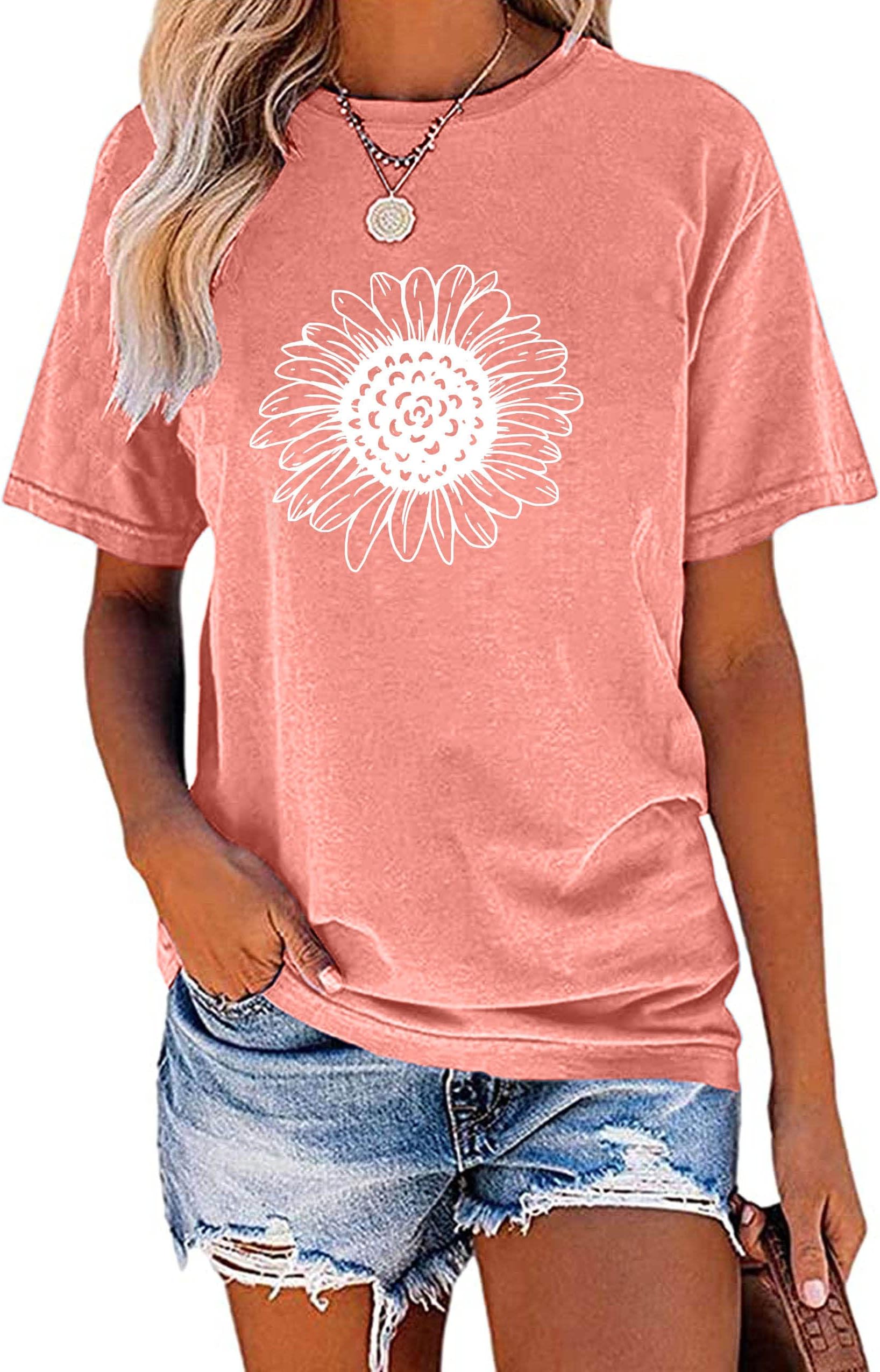 Women's Summer Short Sleeve Cute Sunflower Graphic Printed Tee Vintage T Shirt Cotton Tops Novelty Cool Shirts