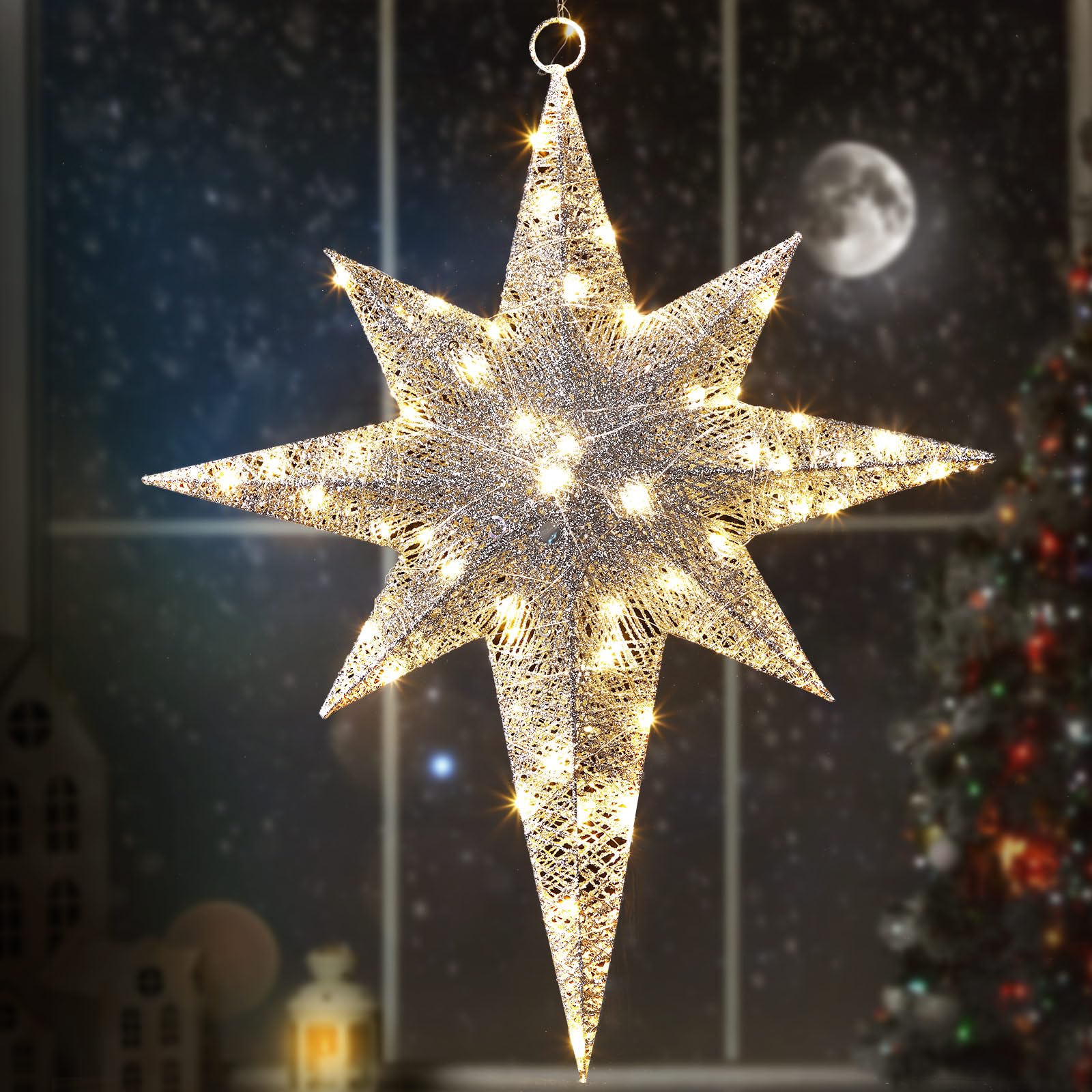 Retisee Estrella de Belén con purpurina de Navidad de 24 pulgadas, luces LED grandes para exteriores, luces de Navidad para colgar al aire libre, estrella de Navidad iluminada para patio, porche