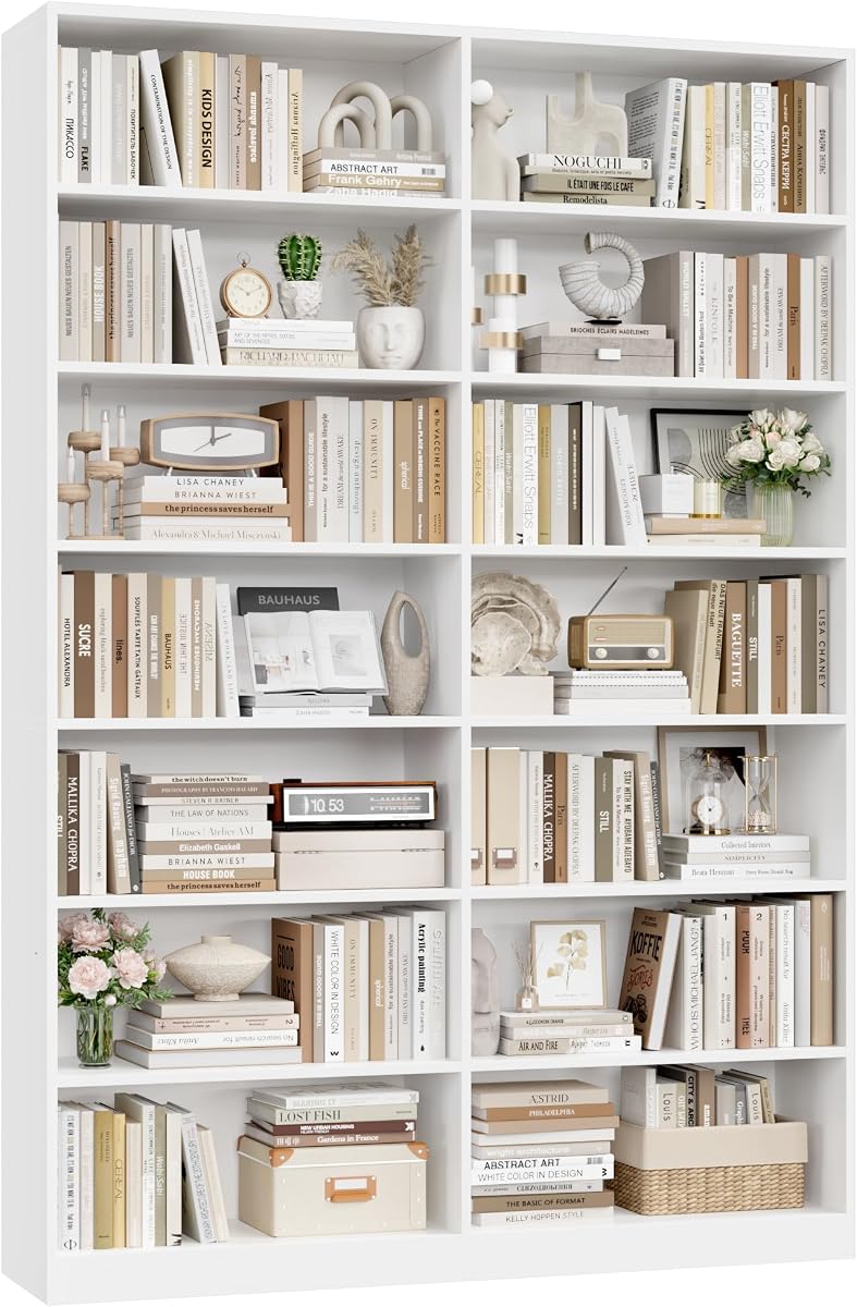 FACBOTALL 83.7" Tall Bookshelf and Bookcase, 7-Tier Extra Large Bookshelf with Double Storage, 14 Open Display Shelves for Home Office, Study and Living Room, White