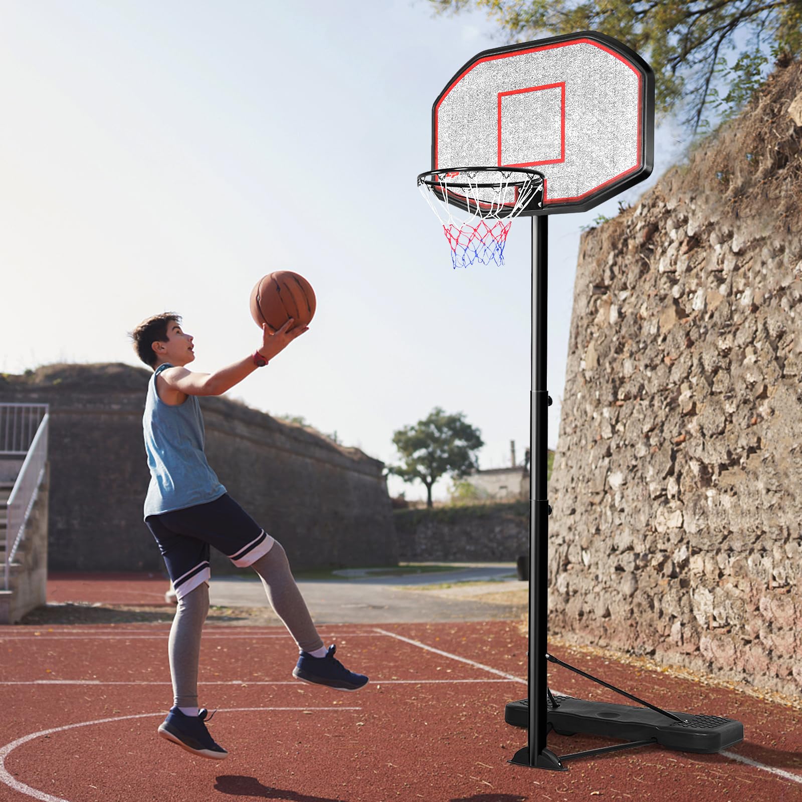 GYMAX Panier Basket Exterieur pour Enfants Adultes, Hauteur Réglable 220-305cm, Mobile avec Roues, Base Remplissage d'eau ou Sable, Structure Stable Triangulaire