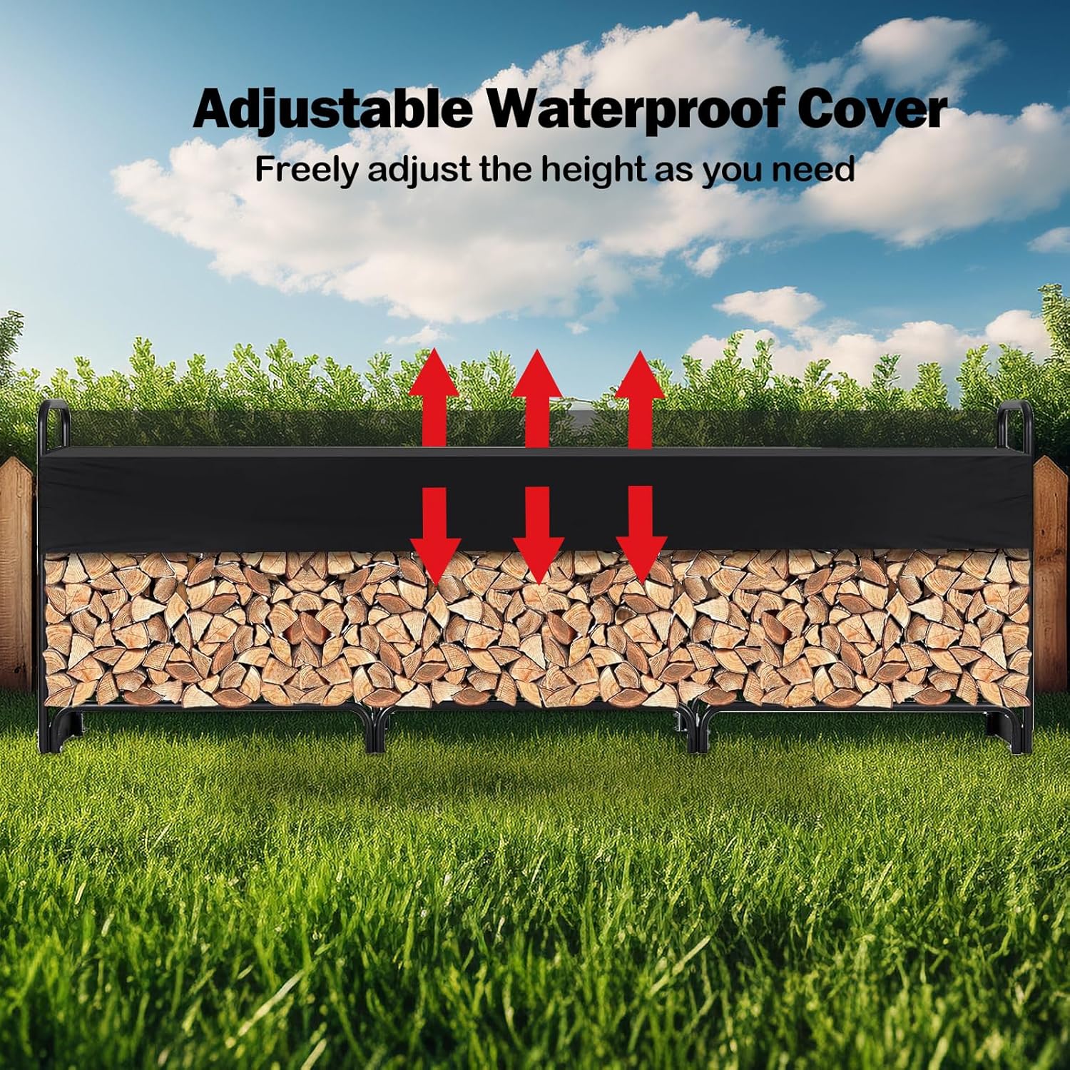 CABIHOME Outdoor Firewood Rack with Waterproof Cover, 4 Ft Heavy Duty Firewood Holder for 1/4 Cord Firewood, Log Storage Rack for Patio, Indoor/Outdoor Fireplace, Black, 12.5FT