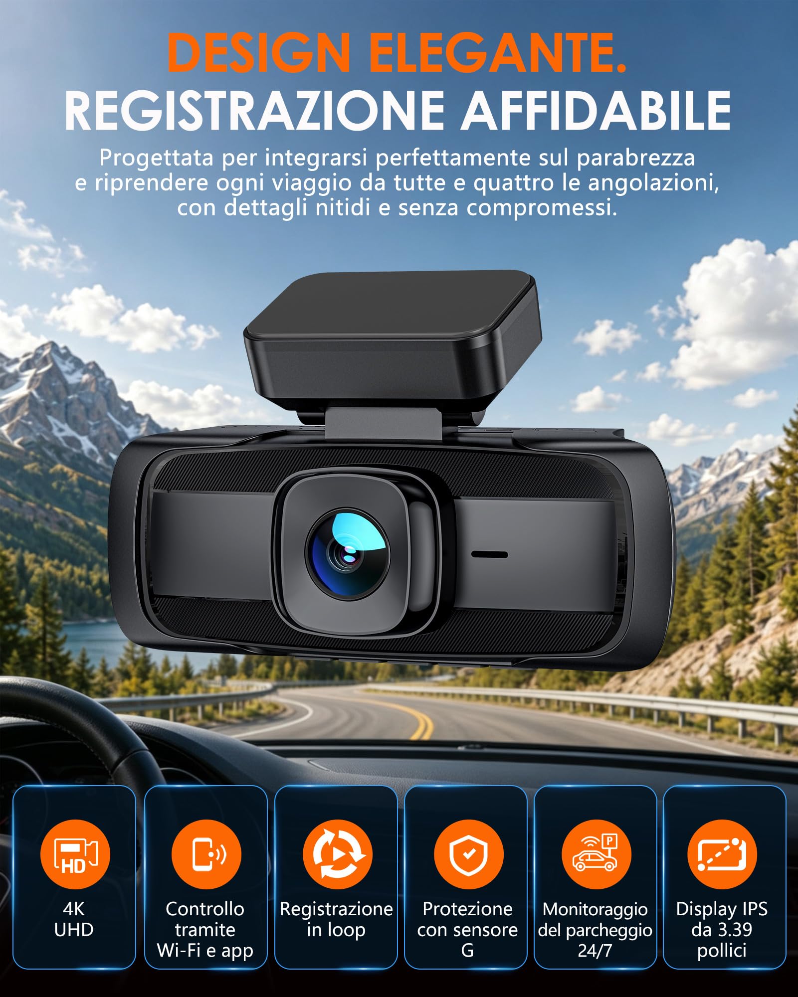 iZEEKER iD340 Dash Cam Auto 4 Canali, 4K Anteriore, 3x1080P, WiFi 6 | 4K anteriore + 3x1080P, WiFi 6, F1.6, WDR, schermo IPS da 3,39", modalità parcheggio, fino a 256GB