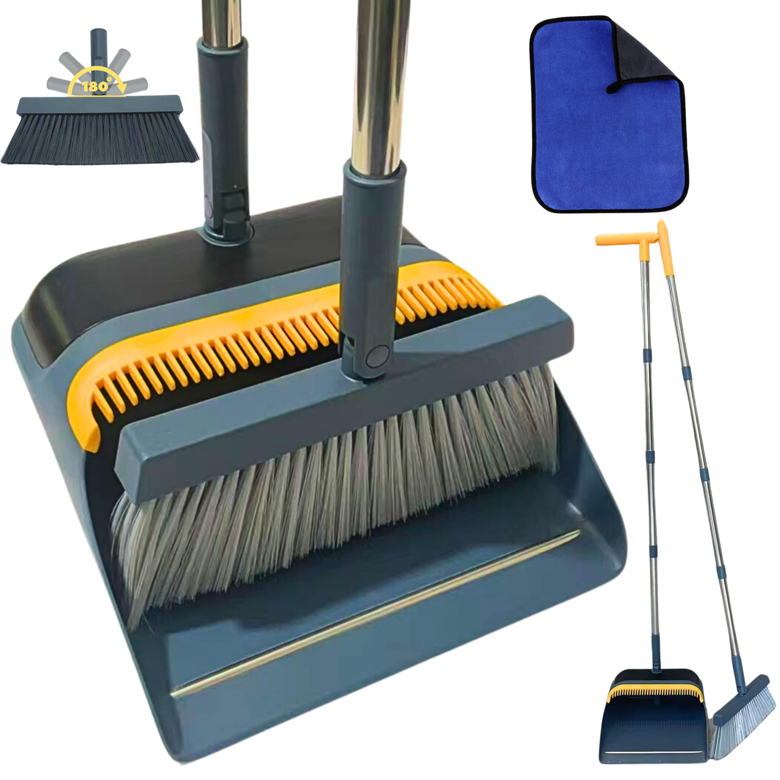 – Long Handled Dustpan and Brush Set Upright Broom with Soft Bristles & Durable Dustpan for Indoor and Outdoor Cleaning (GREEN) (GREY-YELLOW)