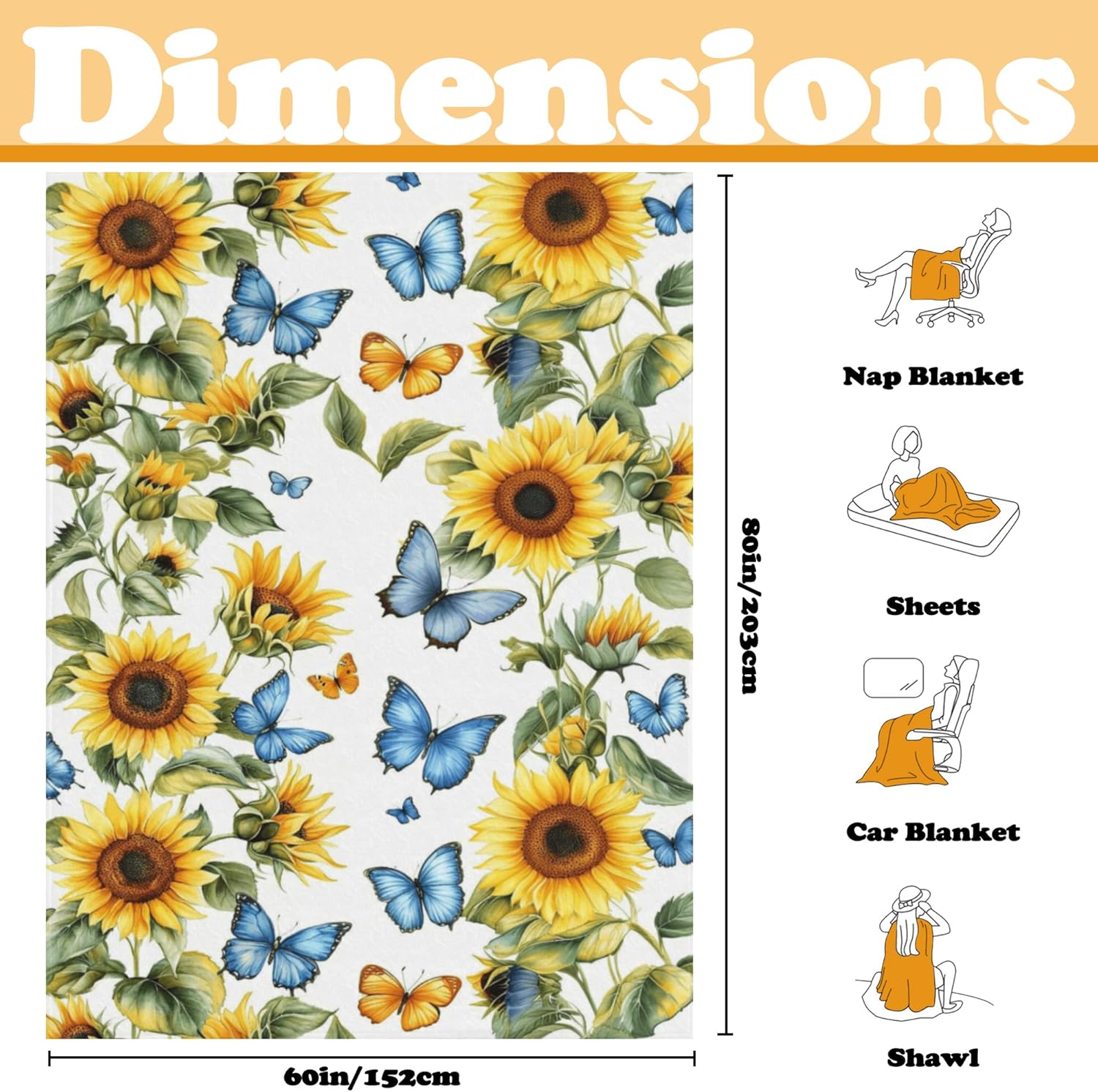 Sunflower Blanket Gifts for Women, Sunflower Gifts Throw Blankets, Blue Butterflies Floral Throw Blankets Super Soft Flannel Blanket for Couch Camping Bedding,80''x 60''