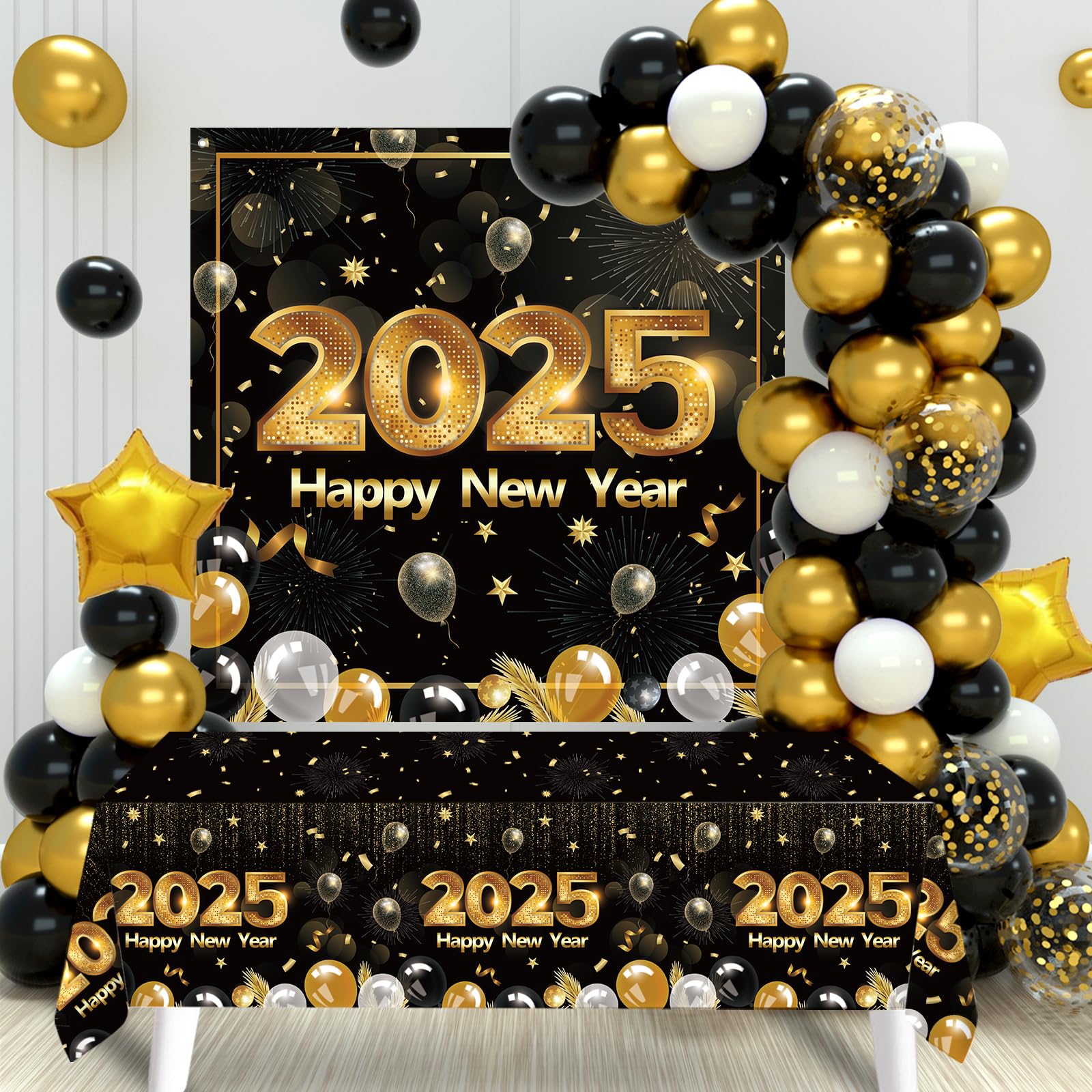 3-Pack New Year's Eve Tablecloths - 2025 Party Decorations In Black & Gold