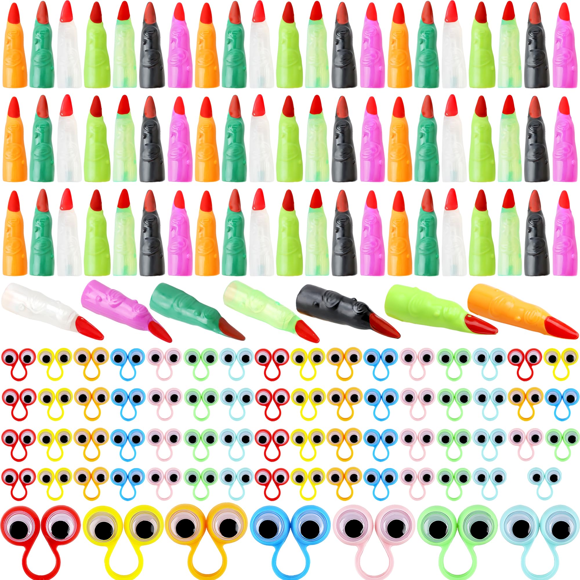 140 Pcs Halloween Finger Puppets Toys Include 70 Witch Fingers 70 Googly Eye Rings for Halloween Cosplay Party Decorations Reading, 7 Colors