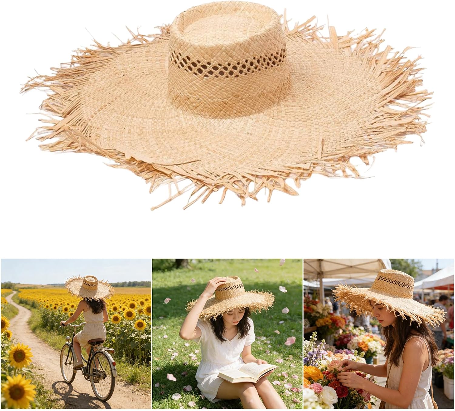 Handwoven Straw Hat with Distressed Trim | Sun Protections for Women Men Gardening Hot Weather Daily Wear Outdoor Adventures Beach Vacation Outings