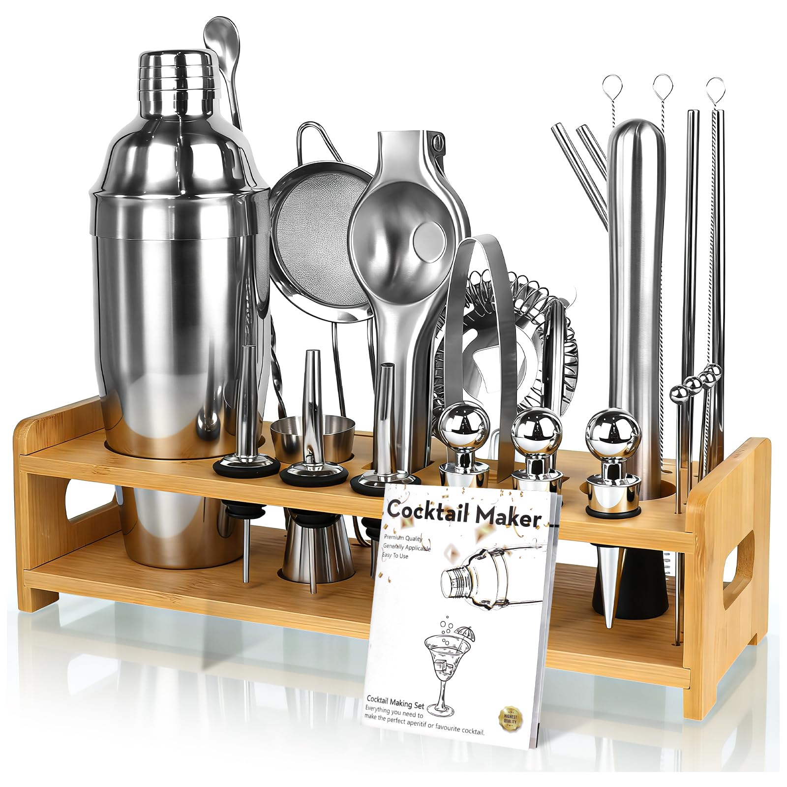 26-teiliges Cocktail Shaker Set, 700ML Boston Cocktail Shaker aus Edelstahl, Profi Barkeeper Kit kein Verklemmen mit Bambusständer & Rezeptbuch für Partys, Hausbar & Geburtstag(Silber)