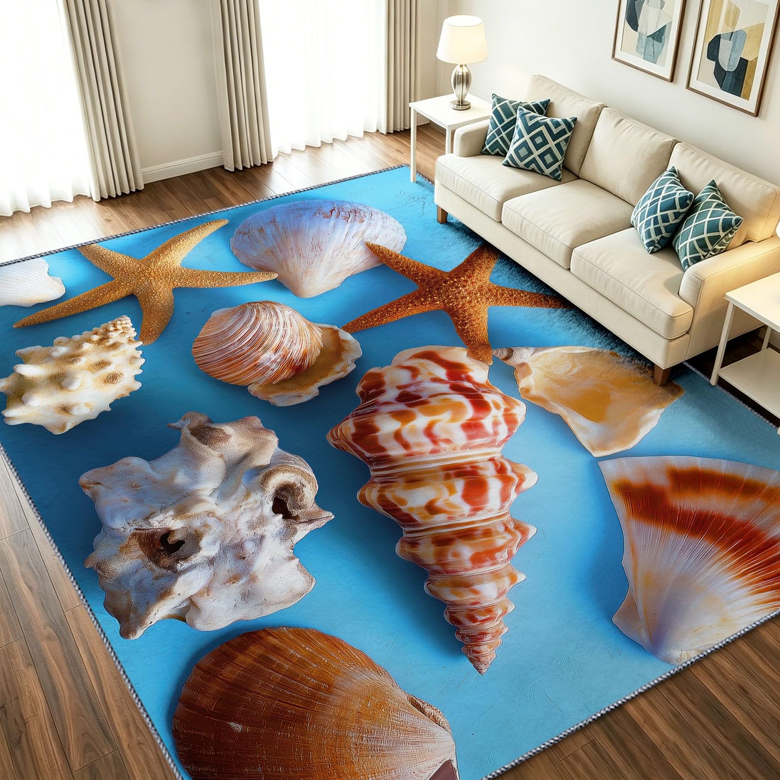 Tapis salon lavable 60x90 cm bleu océan imprimé coquillage antidérapant