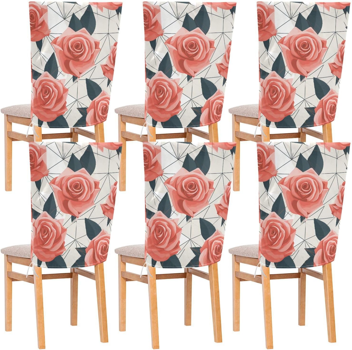 ALAZA Rose Geometric White Chair Back Cover Set of 6, Washable Reusable Removable Chair Slipcovers Decorative Chair Cover for Home Kitchen Wedding Party