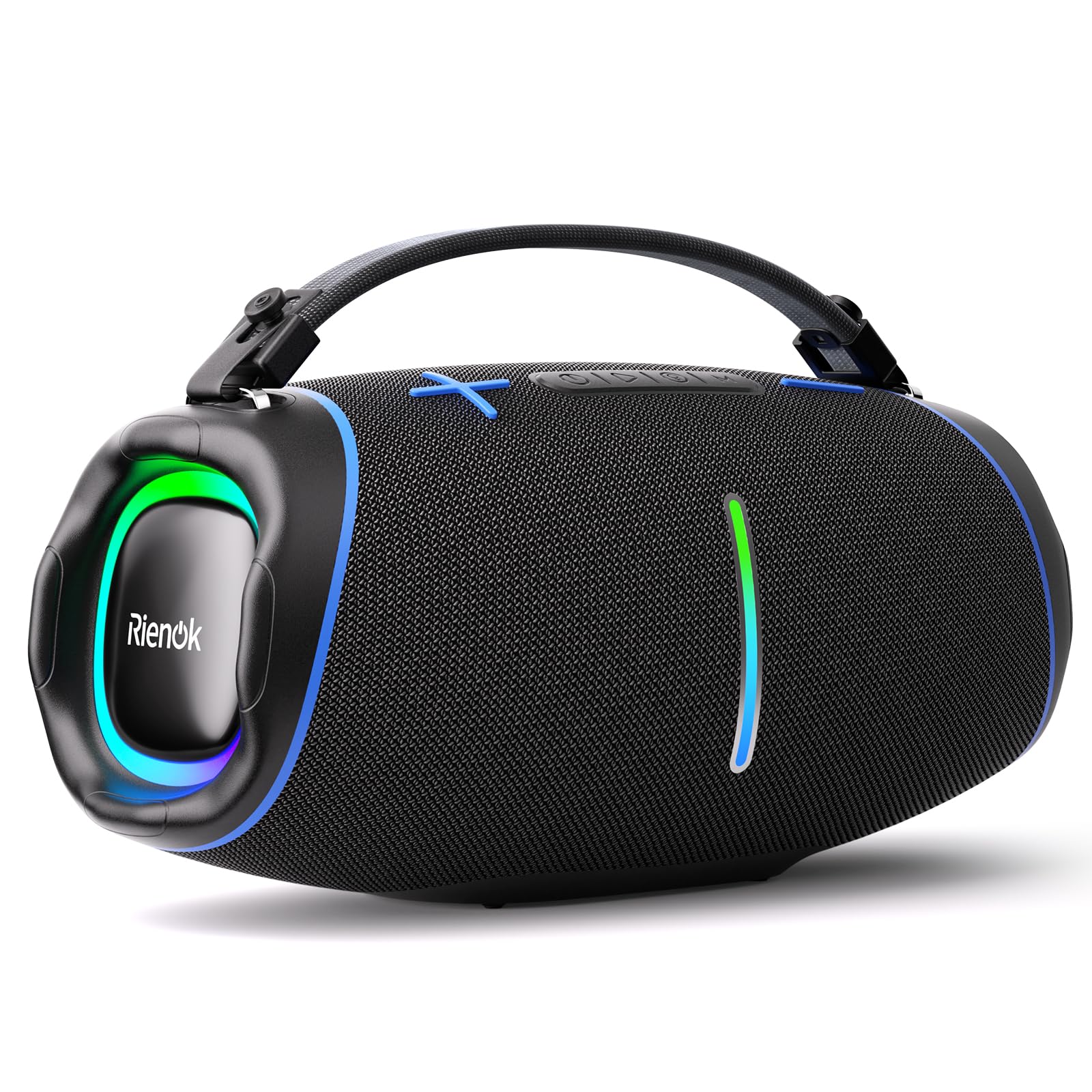 RIENOK Altavoz Bluetooth Potente 100W Portátil 30H con 2 Tweeters 2 Woofers Impermeable IPX6 Luces RGB Bluetooth 5.3 Inalámbrica Emparejamiento Estéreo Apoya 128G Tarjeta TF, AUX, Memoria USB
