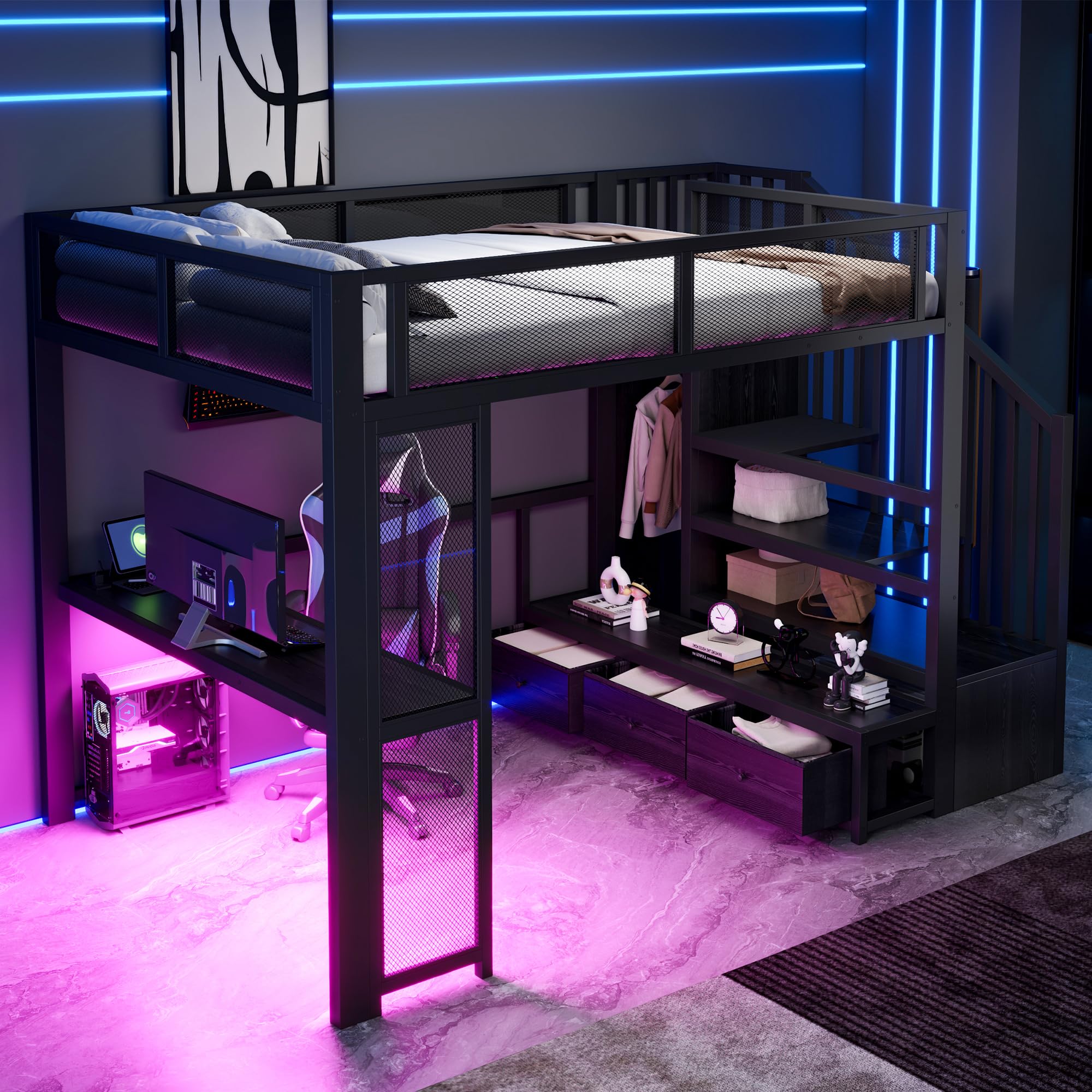 Lcoho Cama alta de metal para niños, 140 x 200 cm, con escalera, espacio de almacenamiento, puerto USB, escritorio, armario abierto y 3 cajones, color negro.