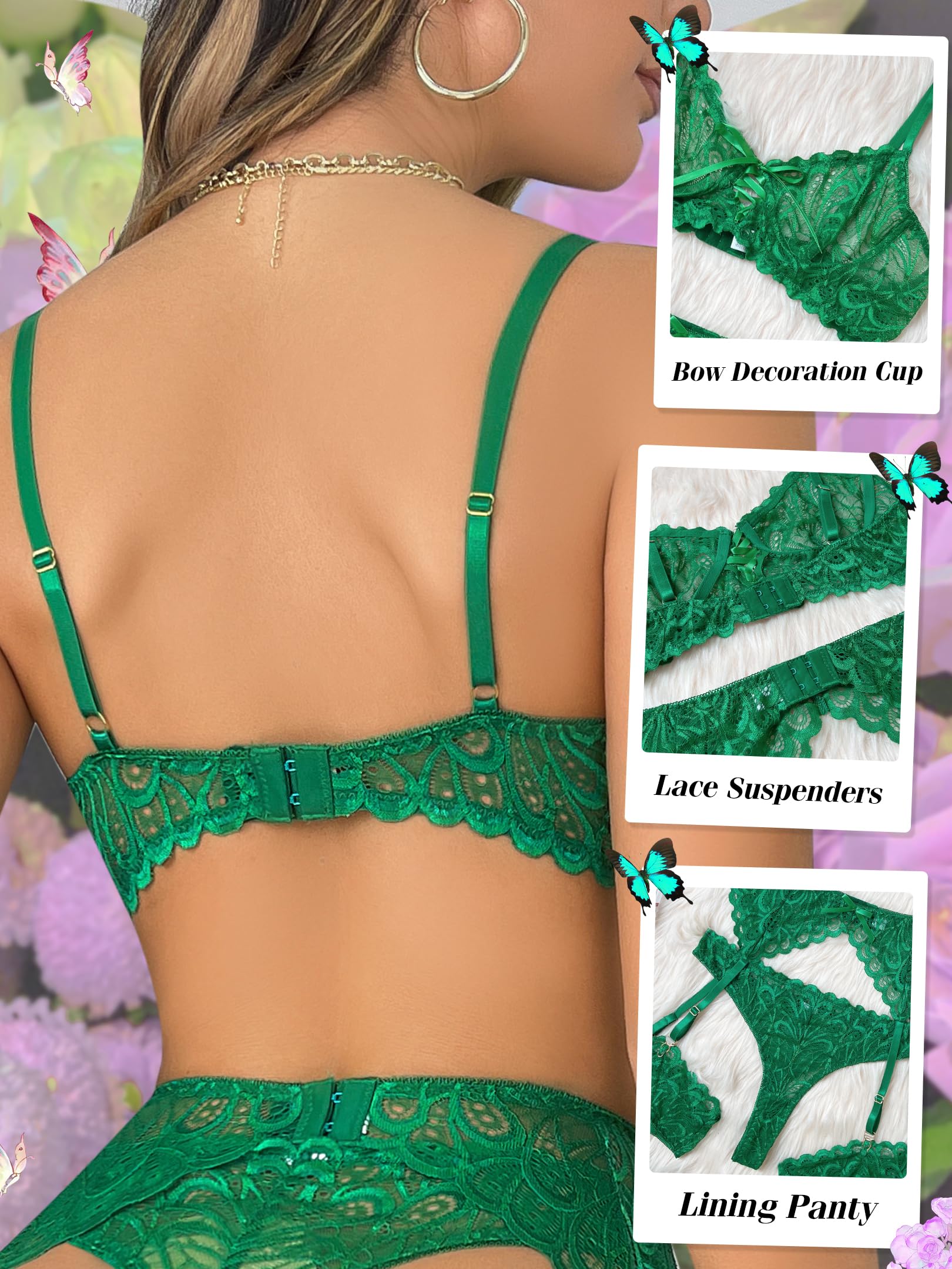 Sexy Lingerie for Women,3 Piece Lace Lingerie Set Bra and Panty Sets with Garter Belt Babydoll Teddy: Small Wireless-blue