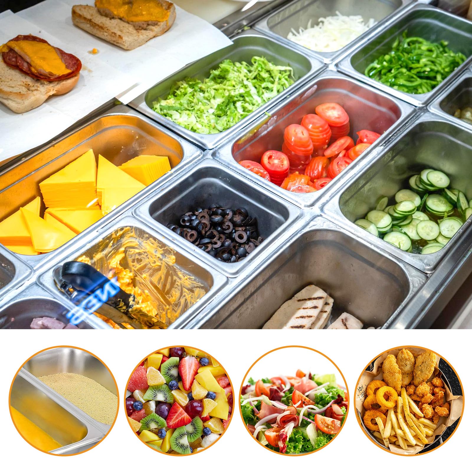 Juego de 3 recipientes GN 1/6 – Recipiente de acero inoxidable con tapa – Resistente al calor, apto para alimentos e ideal para cocina, buffet y catering