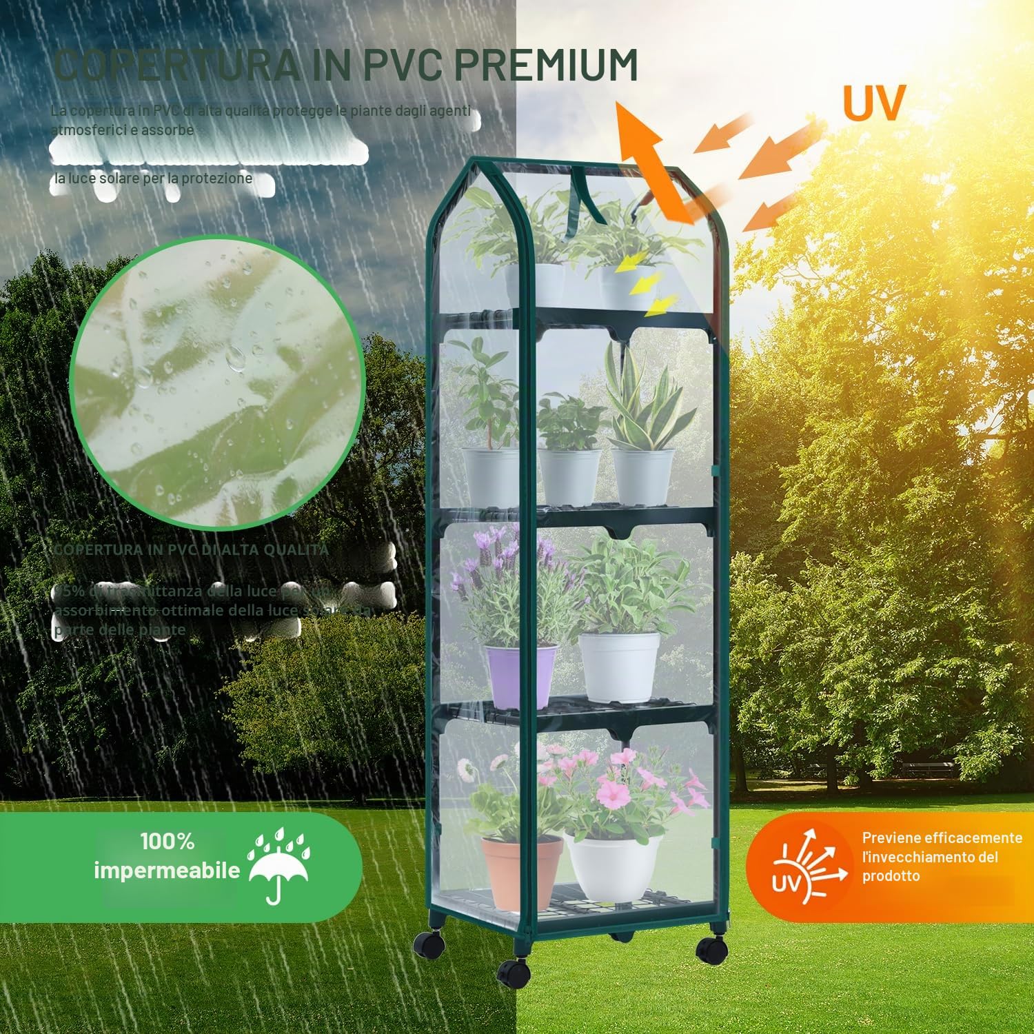 Ohuhu Mini Serra Portatile per Interni ed Esterni, Piantina Verde in Plastica con Ruote di Bloccaggio, Copertura Resistente, Ideale Regalo Giardinaggio per Donne