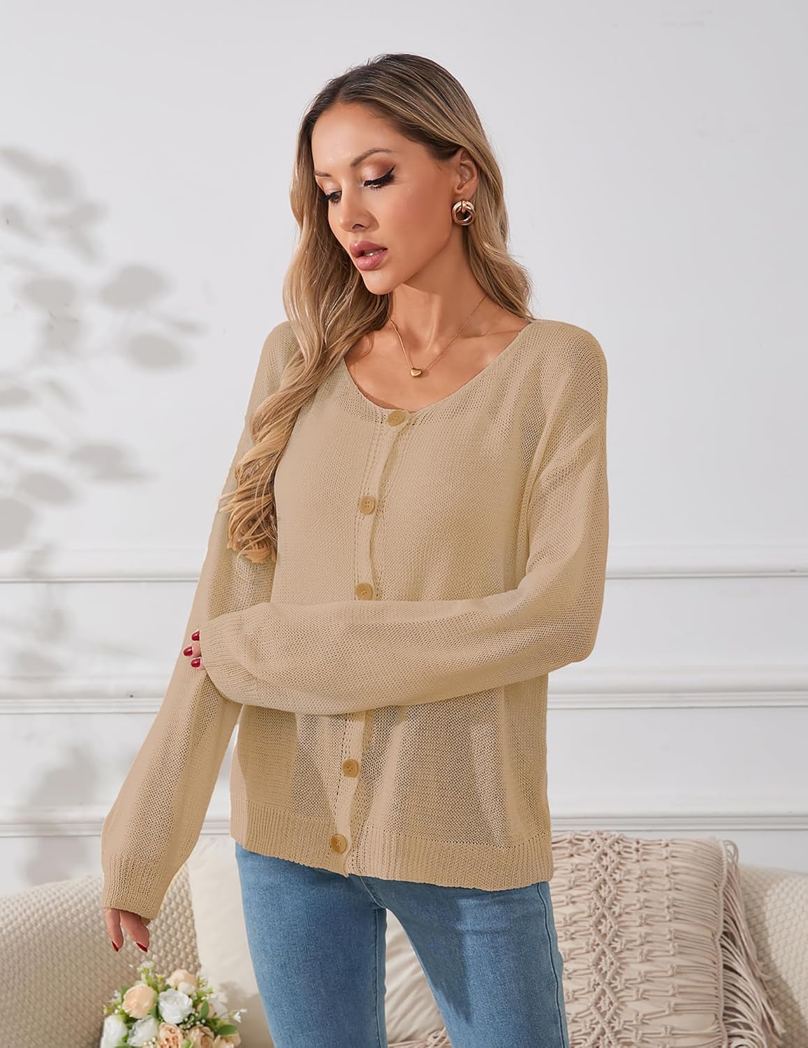 Womens Oversized Lightweight Sheer Button Cardigan Spring 2025 Trendy Solid Ribbed Knit Long Sleeve Thin Sweater - Image 5