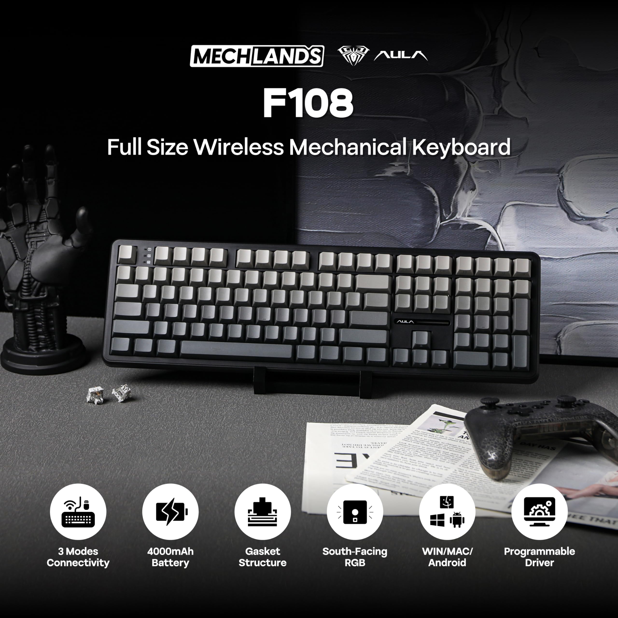 MechLands Aula F108 Tastiera da Gioco Wireless al 100%, 4000mAh, Tastiera Meccanica Personalizzabile, 108 Tasti Programmabili, Sostituibili a Caldo, per Win/Mac (Sfumatura Nera)