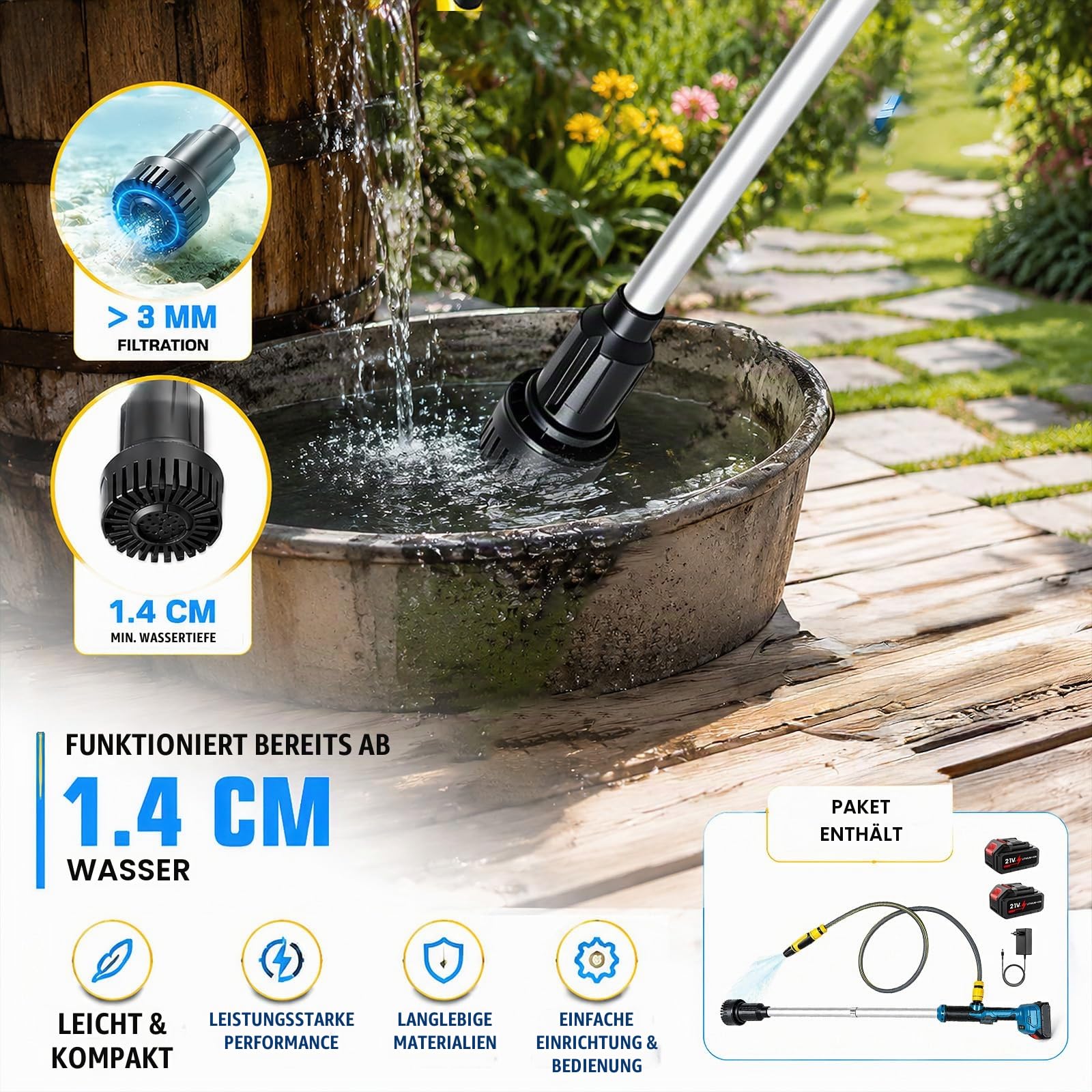 Akku Regenfasspumpe Kompatibel mit Makita 18V, Kabellose Stab-Wassertransferpumpe 3000 L/h, 6m Förderhöhe,Bürstenlos Tragbare Sumpfpumpe Für Pool/Garten/Teich/Wohnmobil/Boot (2 Akku)