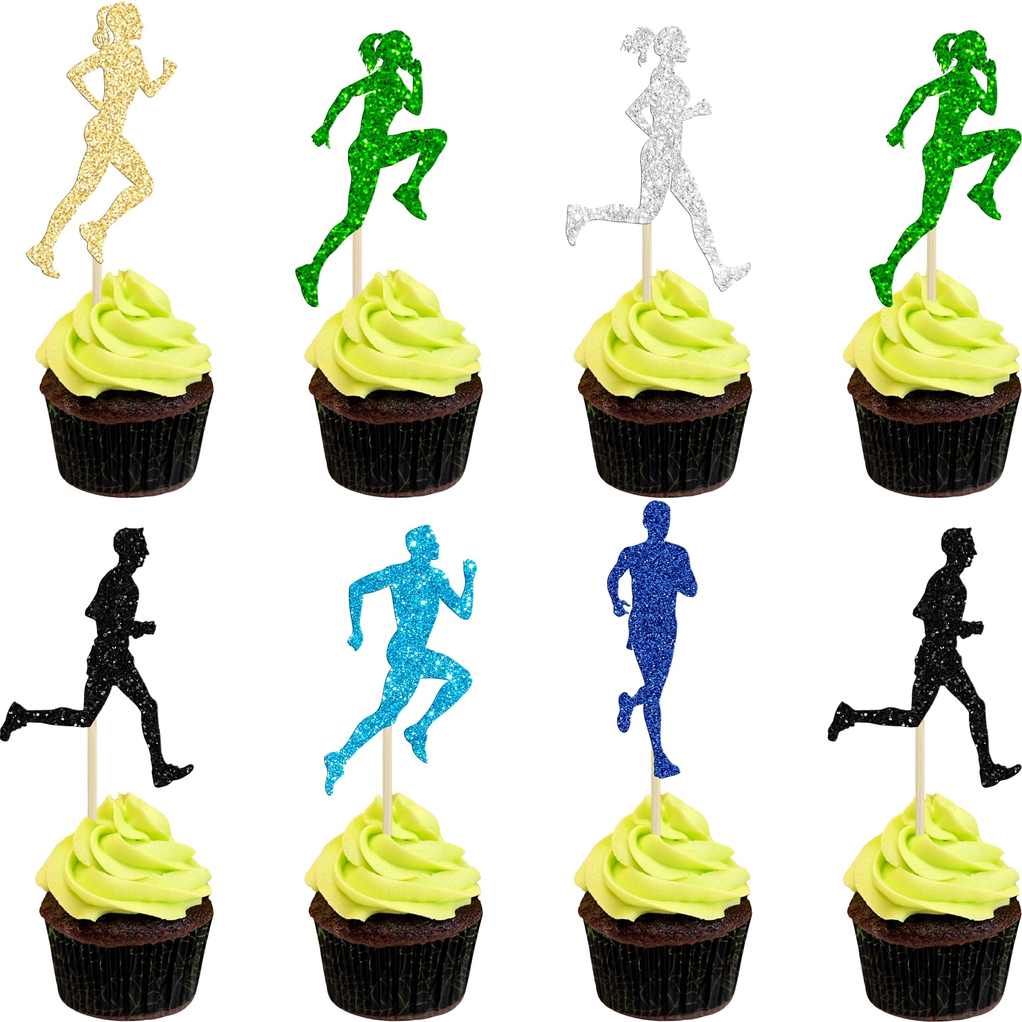 Gyufise 24Pcs Running Cupcake Toppers Glitter Sports Fitness Cupcake Picks for Running Theme Boys Girls Birthday Party Cake Decorations Supplies Multi