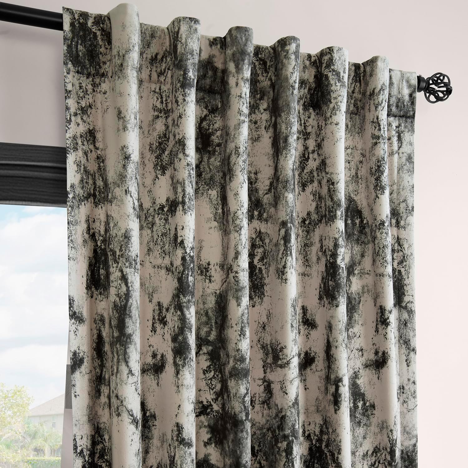 HPD Half Price Drapes Barcelona Velvet Curtains for Bedroom 96 Inches Long (1 Panel) - Abstract Printed Rod Pocket Room Darkening Curtains for Living Room & Windows - 50 X 96, Inkblot Black