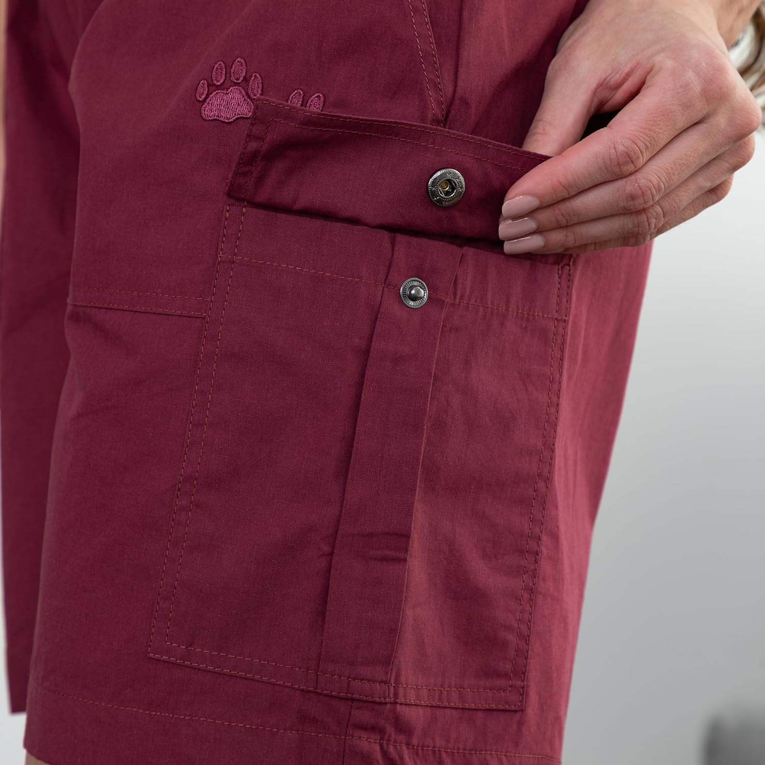 Embroidered Paw Print Cotton Canvas Women's Cargo Shorts for Walking, Hiking with Pockets and Adjustable Drawstring Waist