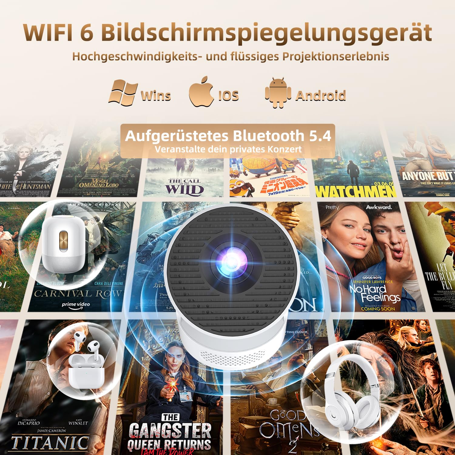 Mini proiettore 4K supportato, correzione trapezoidale auto con WiFi 6 BT, proiettore intelligente 4K FHD 1080P supporta Android 11.0, proiettore cellulare piccolo per esterni, girevole a 180°