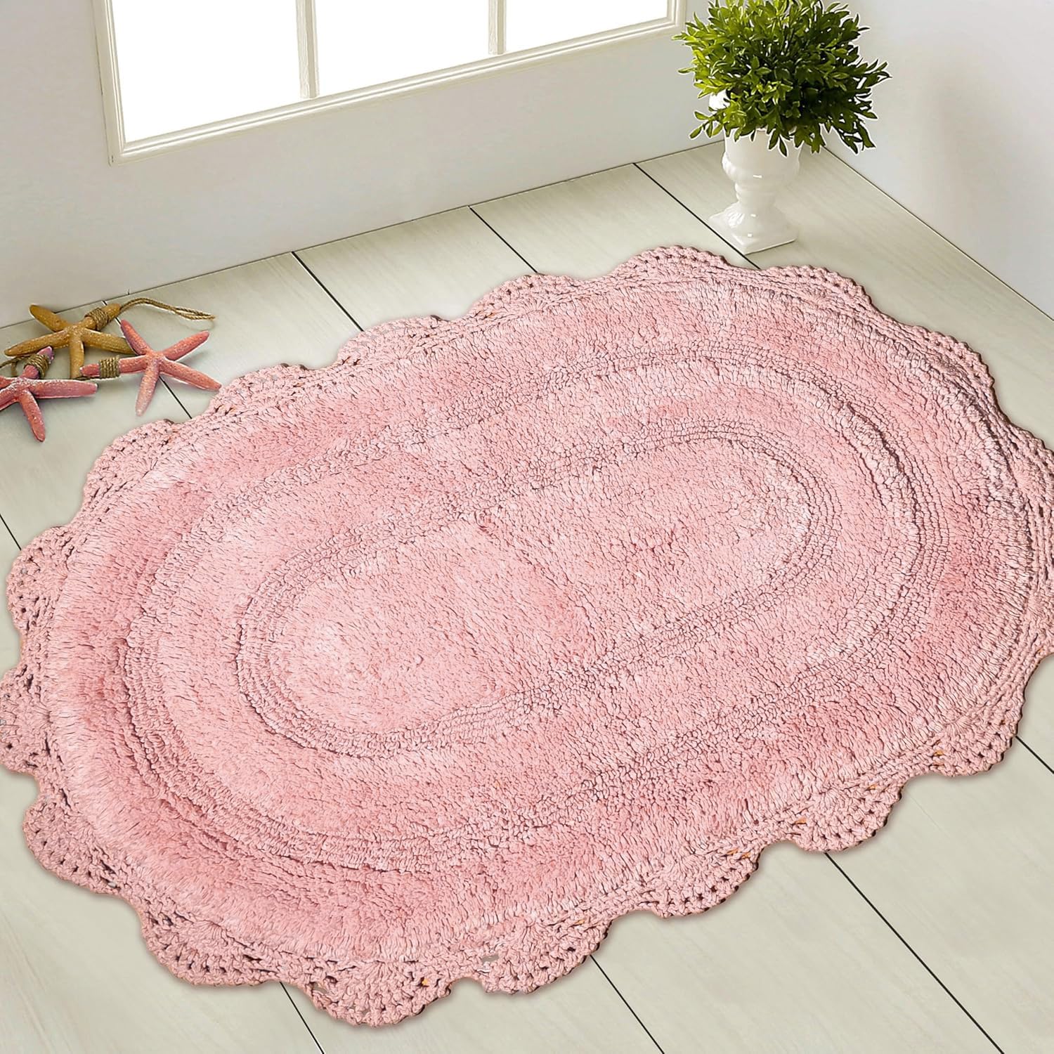 Chardin home Pink Crochet Bathrug, 100% Cotton Oval bathmat with artisanally Handcrafted Crochet Border, 21x34 Inch, Medium Rug, Perfect for Half