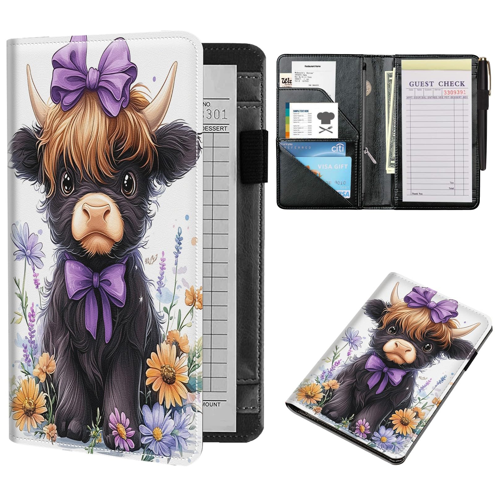 NLZQTTBD Server Books for Waitress Cute Waitress Book PU Leather Server Book with Zipper Wallet Black Serving Book Organizer Fit Server Apron,Baby Highland Cow