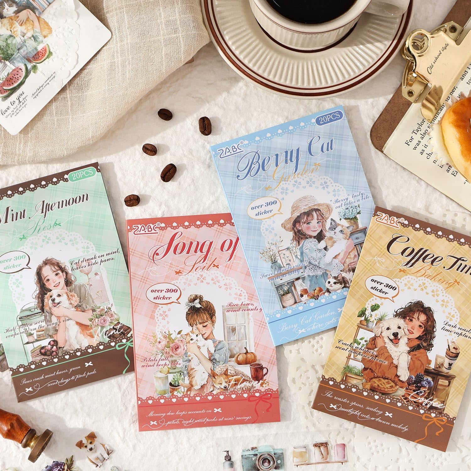 ZABC Aesthetic Sticker Books, Cute Girl and Pet Theme, Over 300 Stickers Each, 4 Designs, 20 Pcs per Pack-picture-28