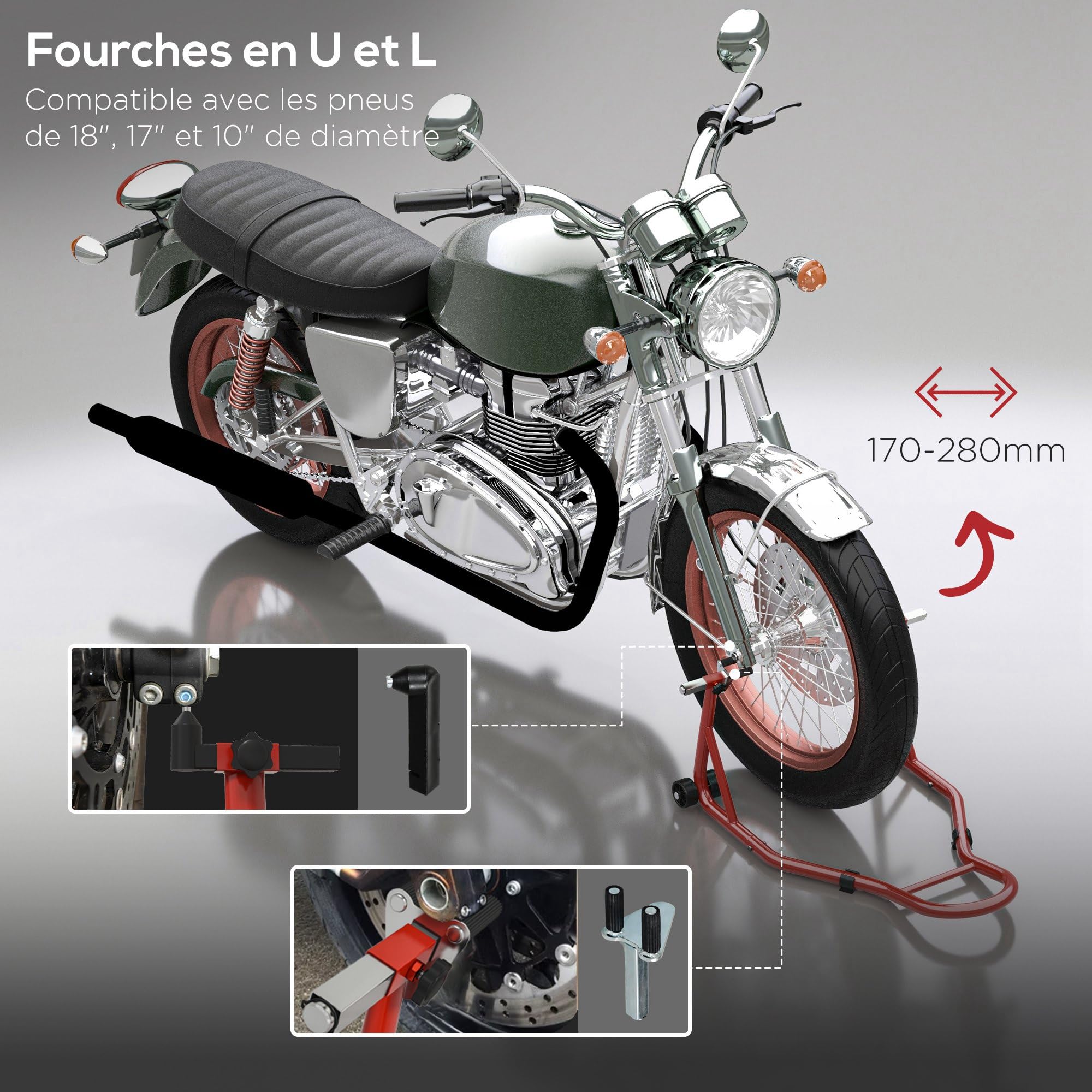 HOMCOM Béquille d'Atelier Moto Avant avec Goupille Réglable Acier Rouge | Support pour Moto, Adaptateurs pour Bras Oscillant, Support Universel de Levage pour Atelier