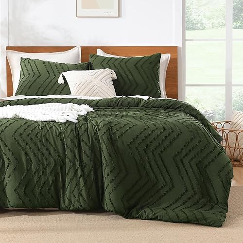 Miniatura 6 de Litanika Juego de edredón de tamaño Queen de color verde oliva oscuro, juego de edredón ligero de 3 piezas, juego de ropa de cama con patrón de