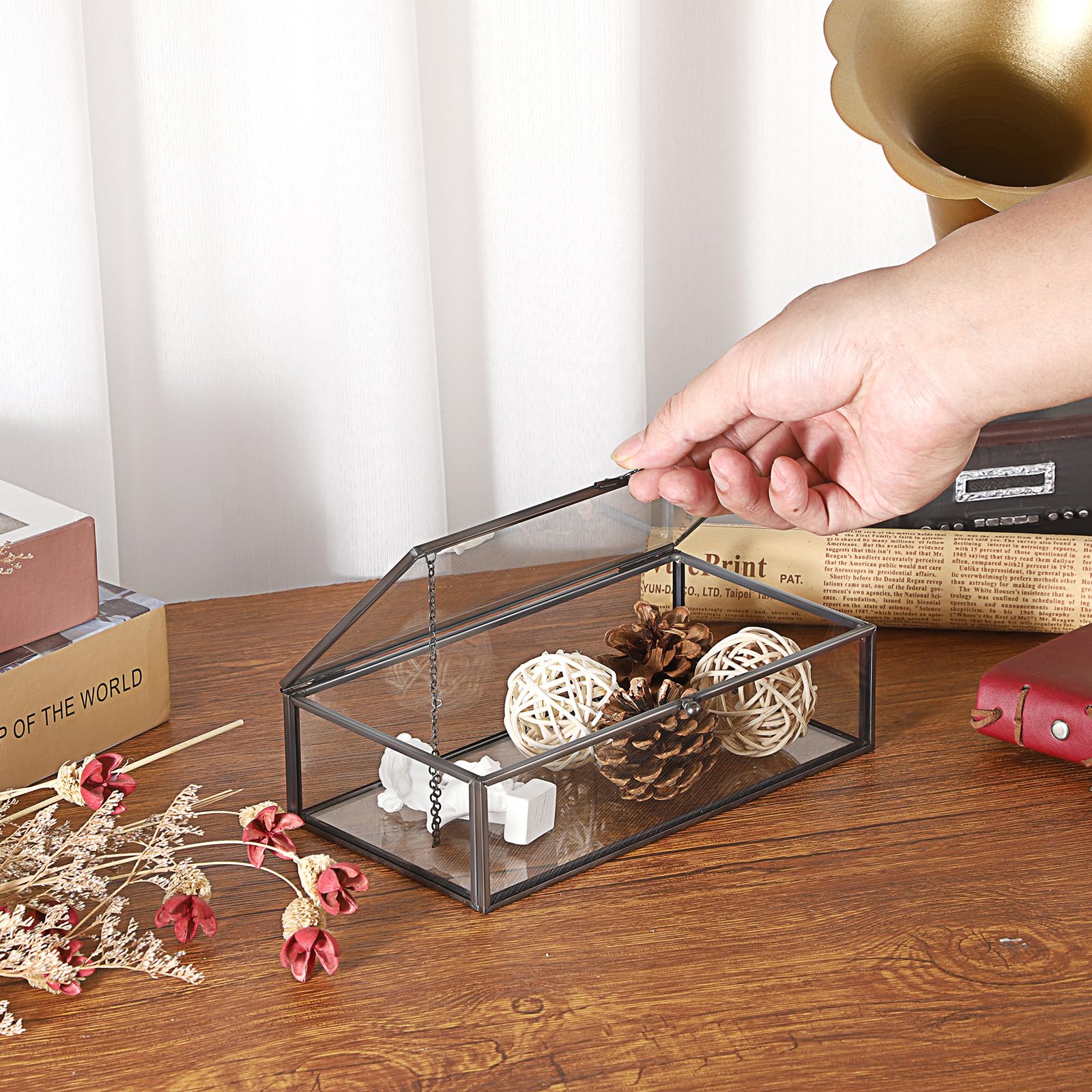 Caja de exhibición de recuerdos de cristal con tapa, caja decorativa de vidrio negro, rectangular, transparente, para guardar tarjetas de perfume y regalo 7