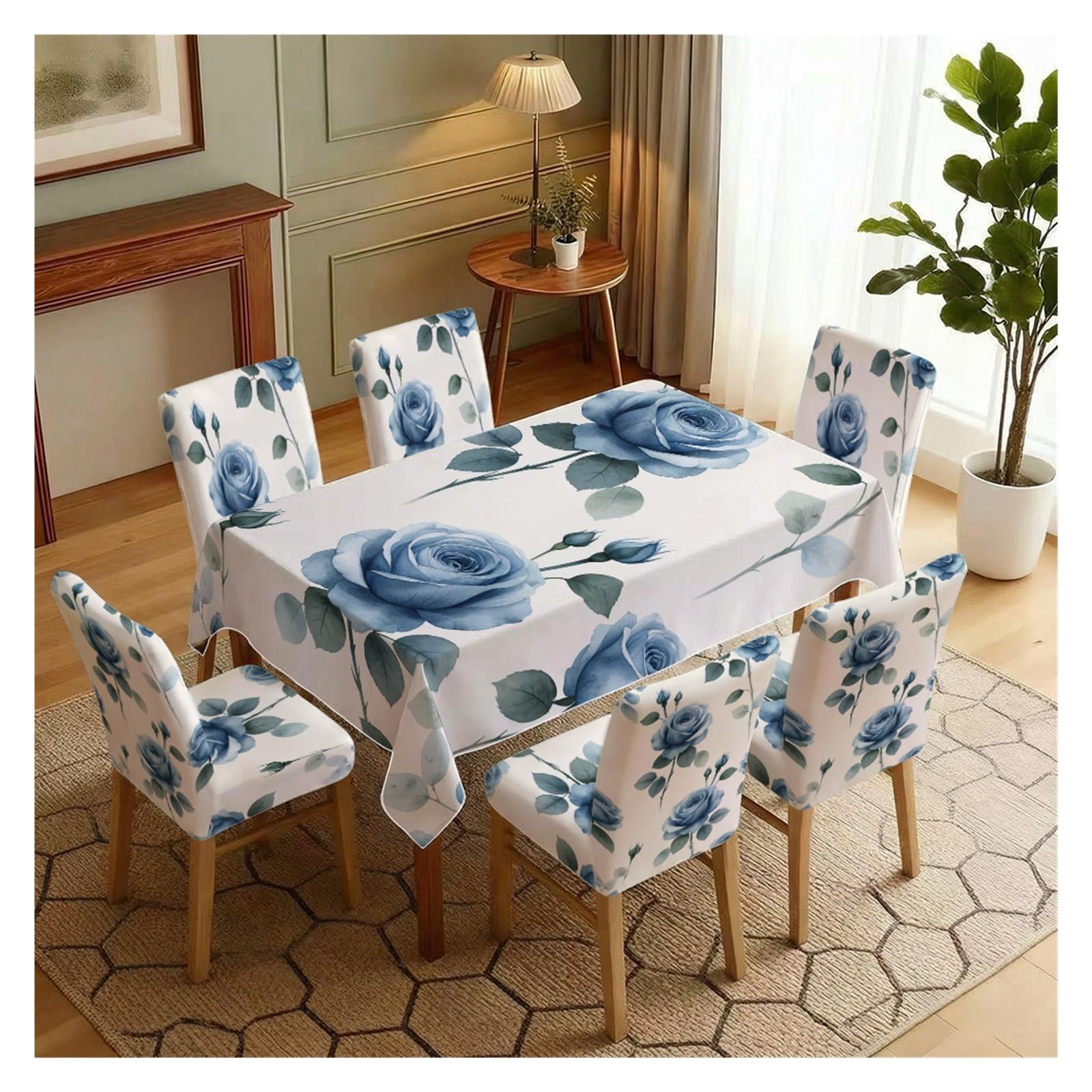 BOSUYBN Elegant Dusty Blue Rose Floral Print Dining Tablecloth & Chair Covers Set, 5/7 Piece Minimal Classic Farmhouse Dining Decor Table Setting(7pcs Set: Tablecloth+Chair Covers)