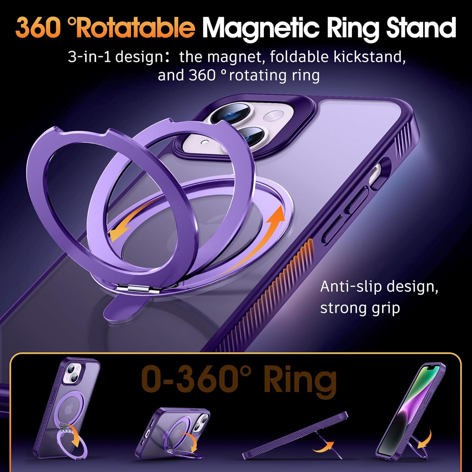 Supdeal Magnetic Stand Case for iPhone 13/iPhone 14, [360° Rotatable Ring Kickstand Holder] [Compatible with MagSafe], Matte Translucent Non Slip Silicone Military-Grade Phone Cover, 6.1", Purple
