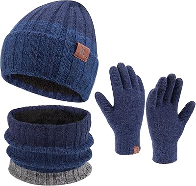 Mens Winter Knit Beanie Hat Scarf Touchscreen Gloves Set, Winter Warm Skull Cap Neck Warmer Gloves Set with Fleece Lined