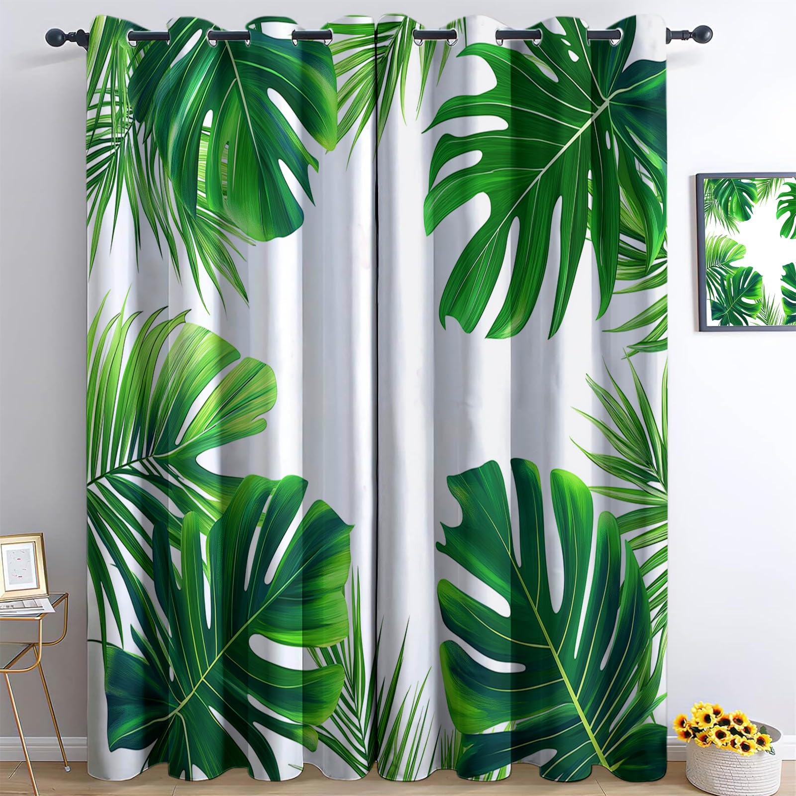 Tende Oscuranti per Interni Foglie Di Palma Verdi, 117x138 cm (LxA) 2 Pezzi Termica Isolante Poliestere Bianco Tenda della Finestra per Soggiorno Camera da Letto Cucina Cameretta Bambina