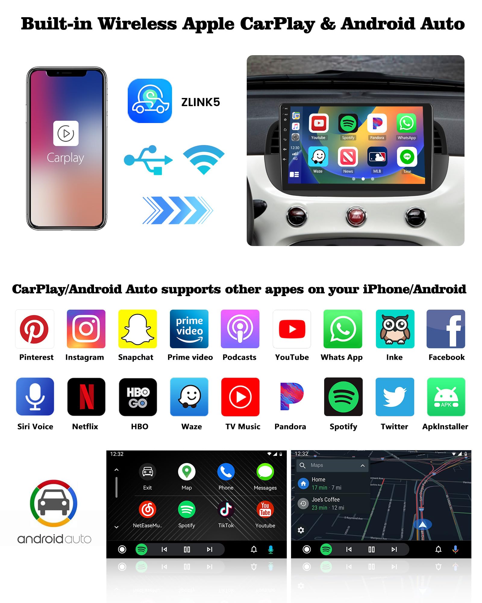 Hikity - Autoradio Android 15 Pour Fiat 500 2007-2015 - Écran Tactile 7" - 2 Go RAM / 64 Go ROM - CarPlay/Android Auto Sans Fil - GPS, WiFi, Bluetooth + Caméra De Recul - 3