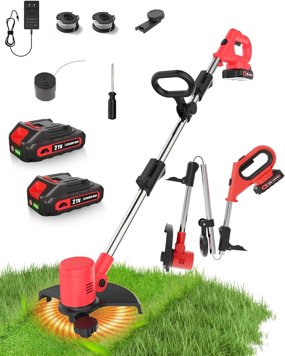 Electric Weed Wacker, 21V Weed Eater Battery Powered, Cordless String Trimmer Adjustable Height Electric Mower for Garden, Edger Lawn Tool