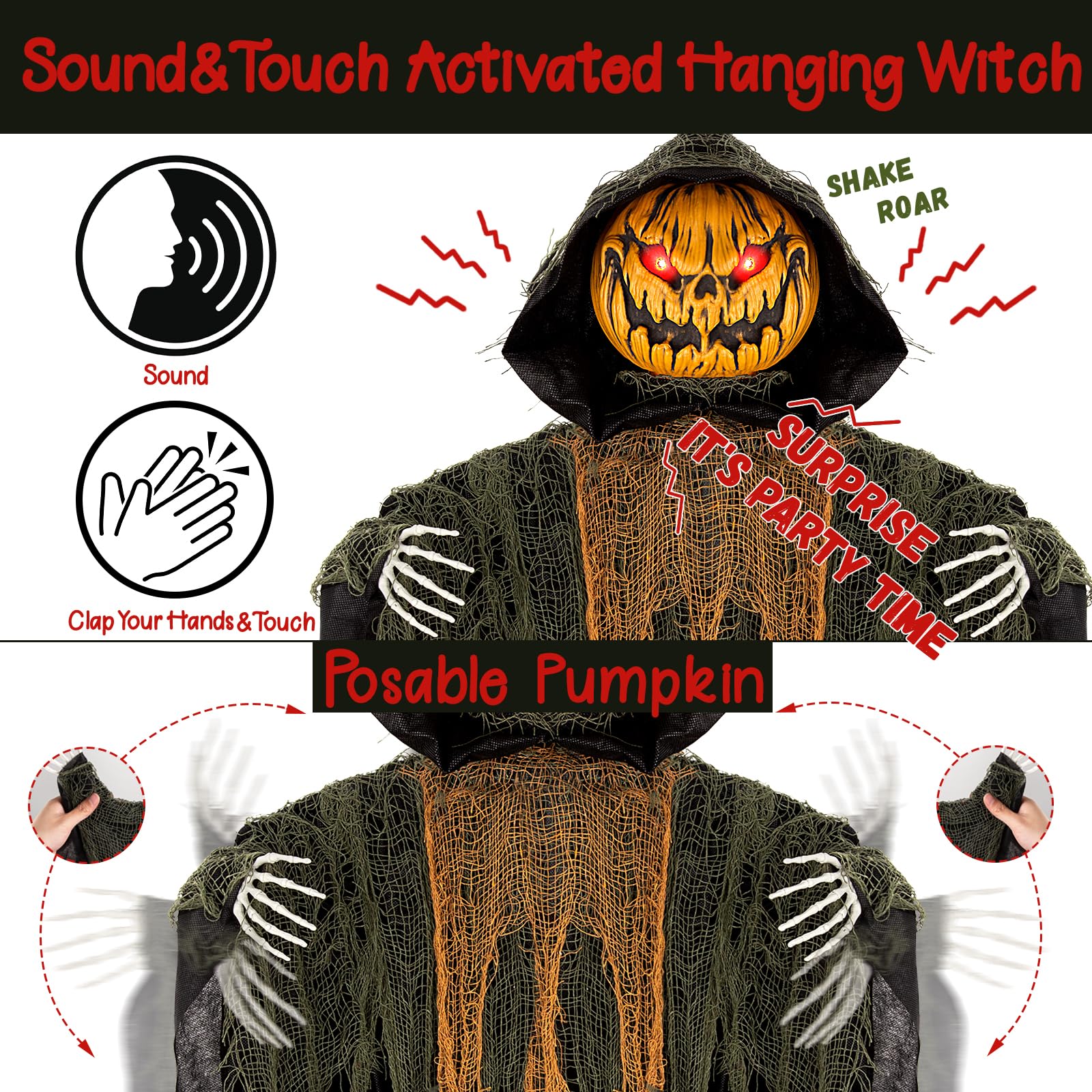 Wisząca animatroniczna dekoracja dyni na Halloween, 150 cm, z aktywowanym dźwiękiem, świecącymi oczami, upiornymi dźwiękami i ruchem, idealna do dekoracji nawiedzonego domu, na trawnik, imprezę
