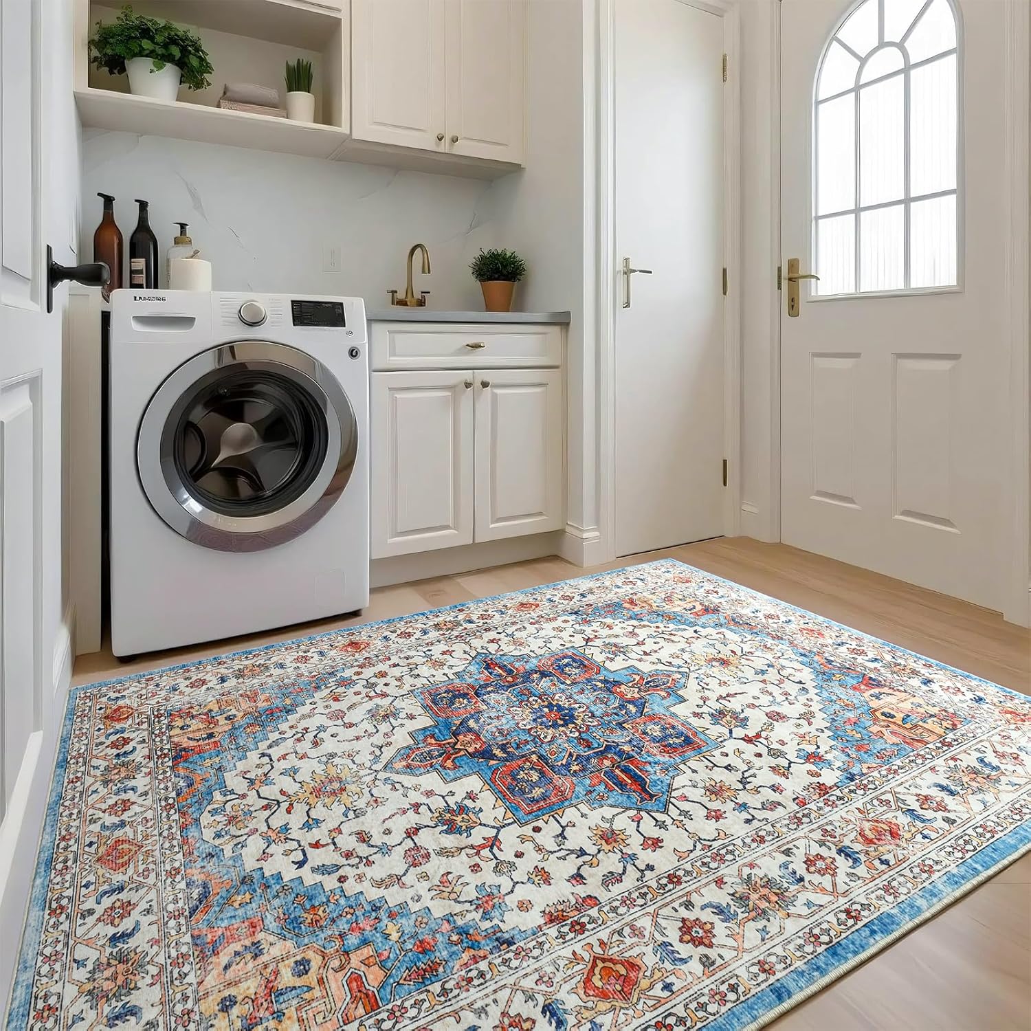 Softlife Washable Area Rug for Living Room, 5x7 Blue Large Boho Accent Rugs for Bedroom Bathroom Kitchen Under Dinning Table, Neutral Non-Slip Carpet for Nursery Kids Laundry Dorm Home Decor
