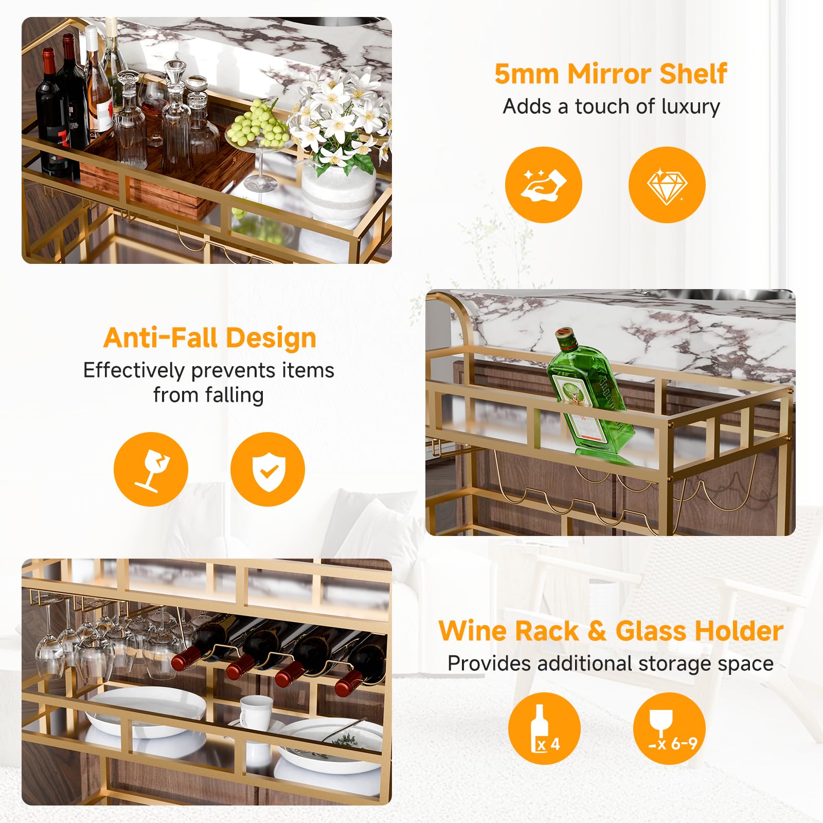 TONGMO Gold Barwagen mit 3 Ebenen Spiegelregalen, Home Bar Wagen mit Weinregal und Glashalter, perfekt für den Innen- und Außenbereich, stilvolle und funktionale Küche und Unterhaltungsraum Ergänzung