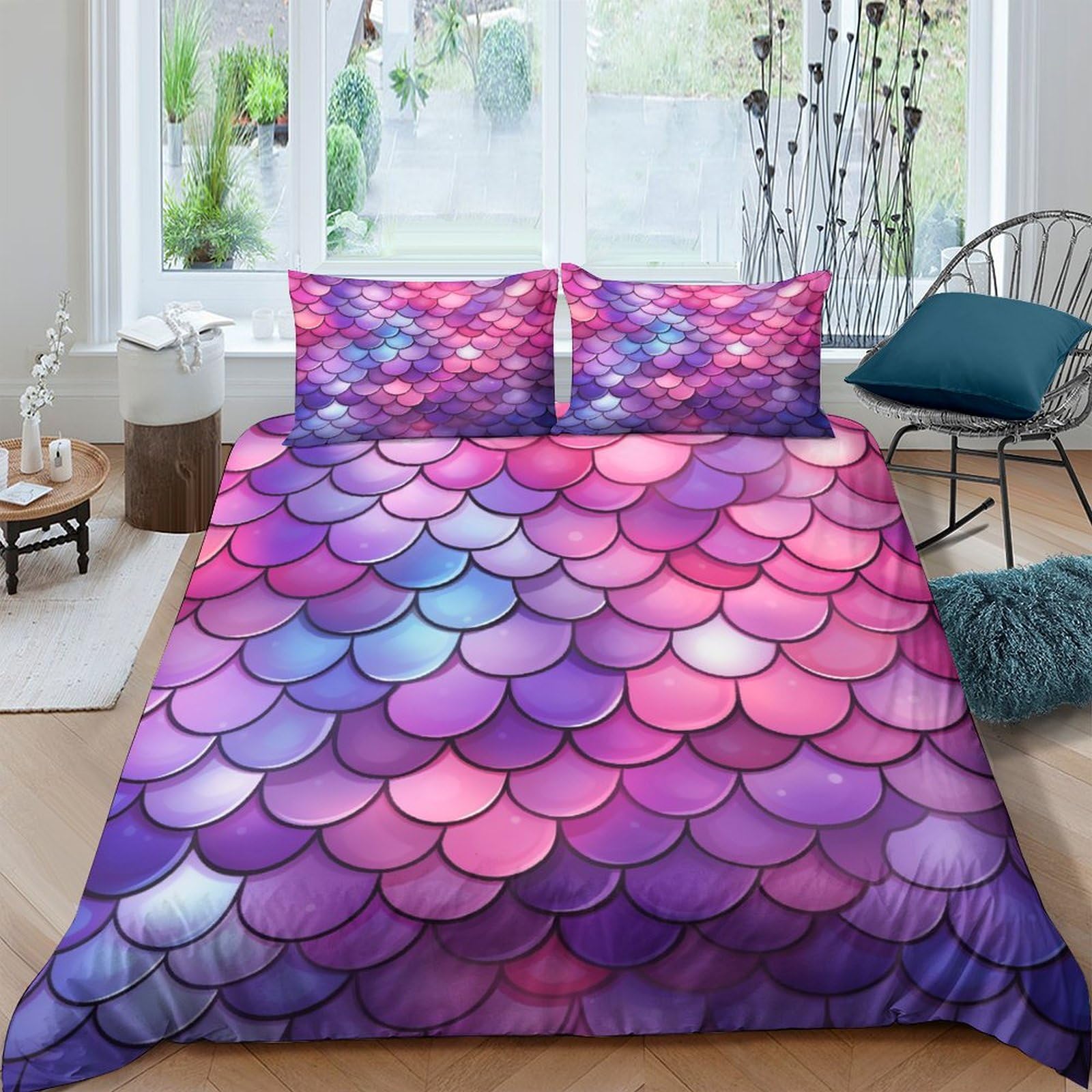 Housse de couette sirène 3D imprimé écailles de poisson roses king
