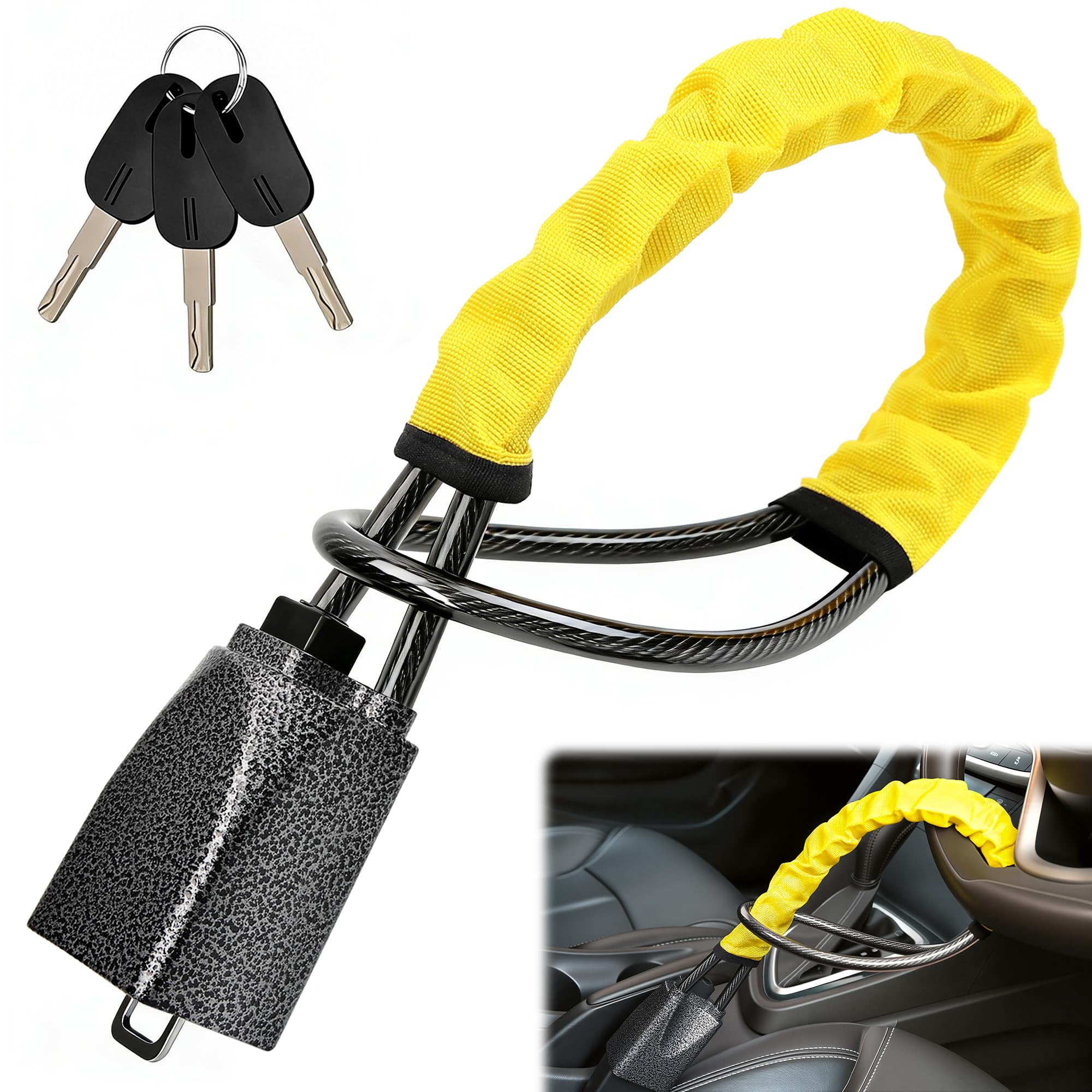 Steering Wheel Lock, Car Steering Wheel Locks, Car Seat Belt Lock with Metal Head, High Visibility Car Lock Anti-Theft Device for Car, SUV, Pickup, Van, RV, 3 Keys (Yellow)