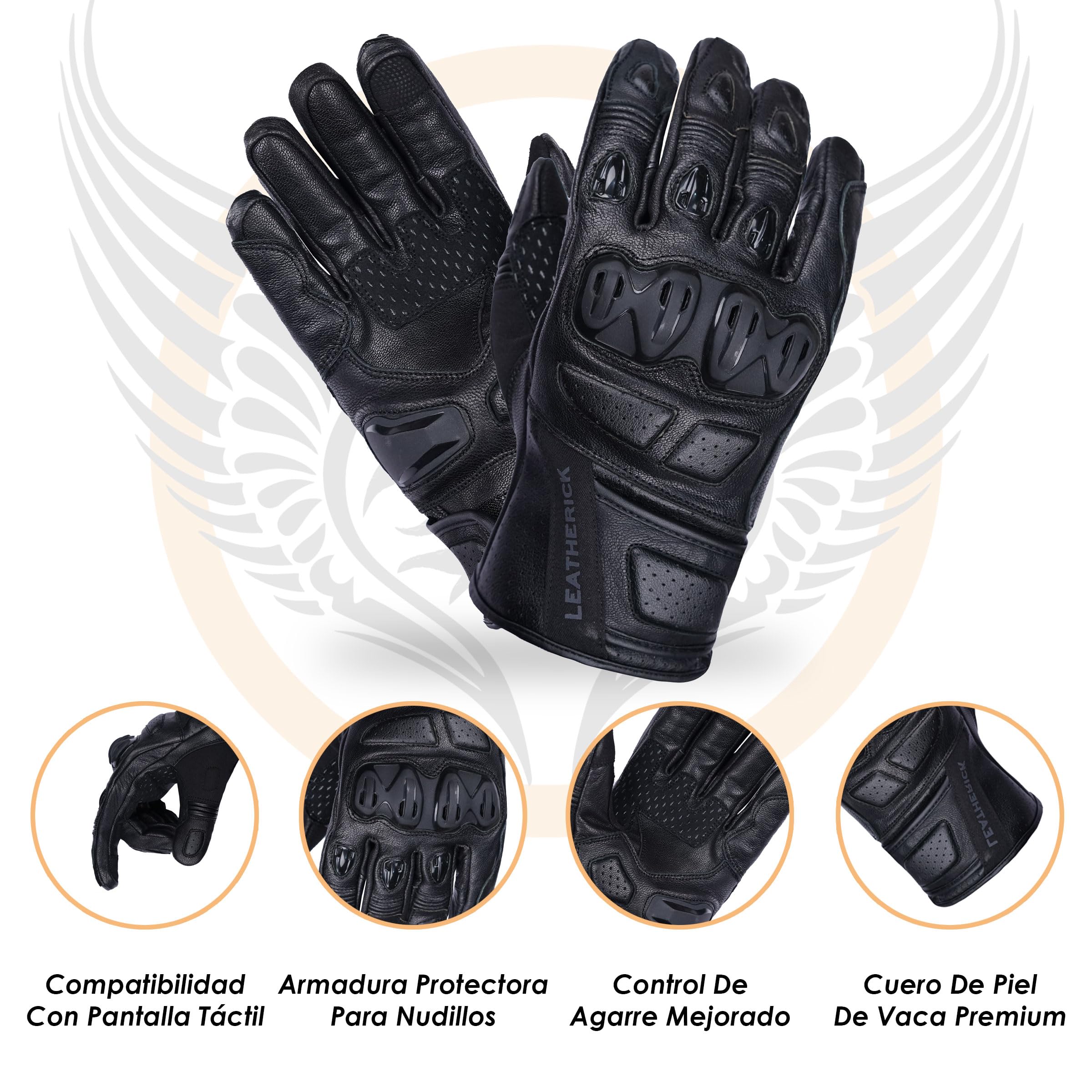 Leatherick Guanti da Moto da Uomo in Vera Pelle Nera - Palmo Imbottito, Compatibilità Touch Screen, Guanti da Moto Certificati CE con Nocche Protettive