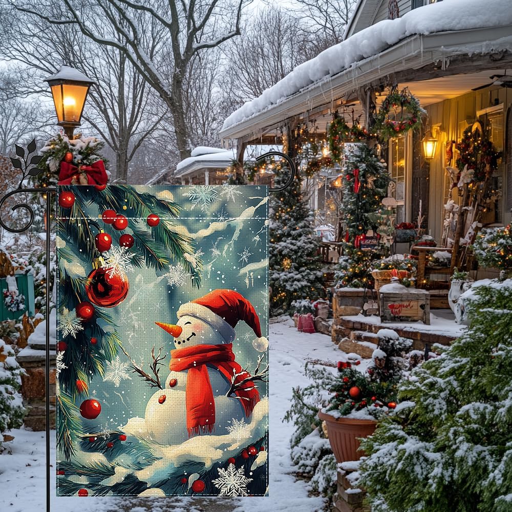 Winter Snowman Snowflake Christmas Garden Flag for Outside, Xmas Ball Welcome Yard Flag 12x18 Inch Double Sided Burlap Holiday Farmhouse Outdoor Flag Home Decoration - Image 4